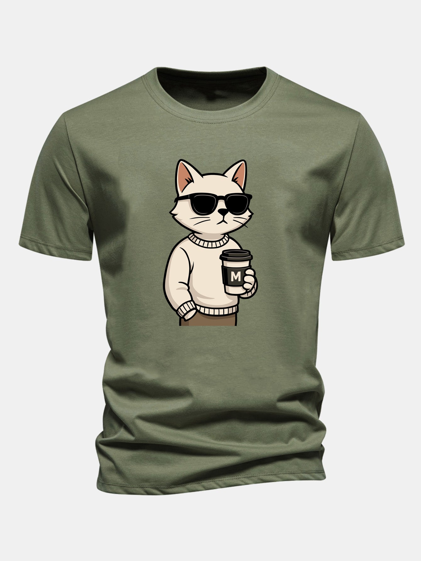 Classic Fit Cotton T-Shirt with Cat Coffee Print