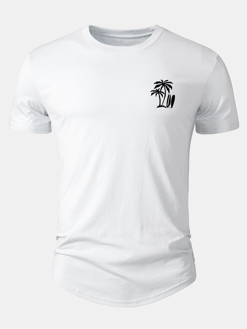 Arc Hem T-Shirt with Palm Tree Print in Cotton