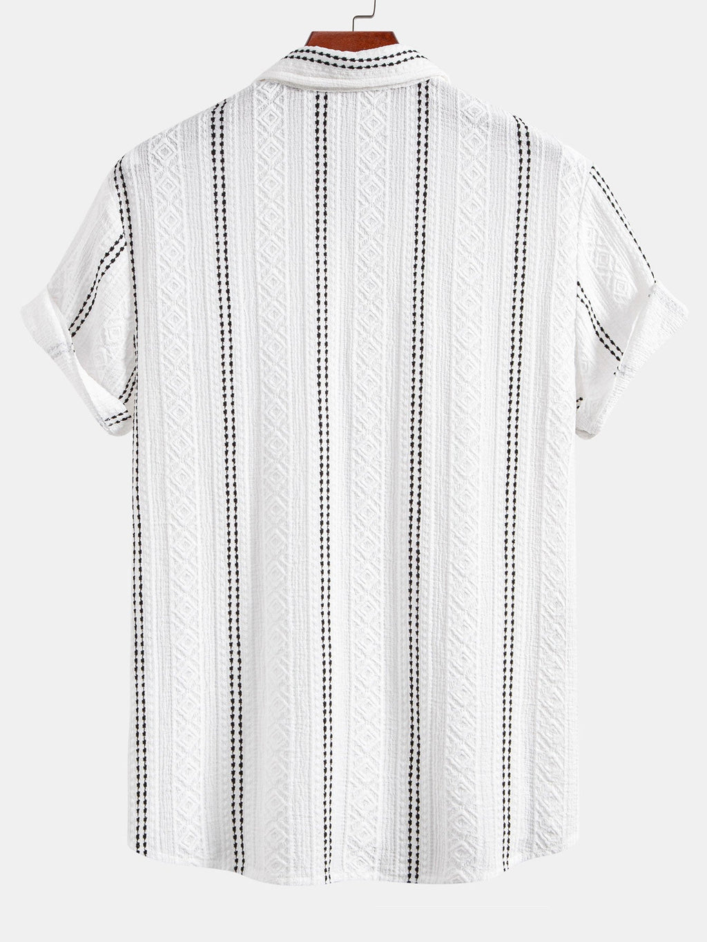 Geometric Striped Jacquard Button-Up Shirt with Crinkle Textured 5" Drawstring Shorts