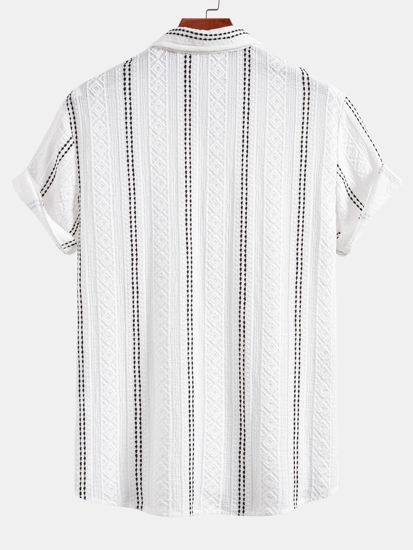 Geometric Striped Jacquard Button-Up Shirt with Crinkle Textured 5" Drawstring Shorts