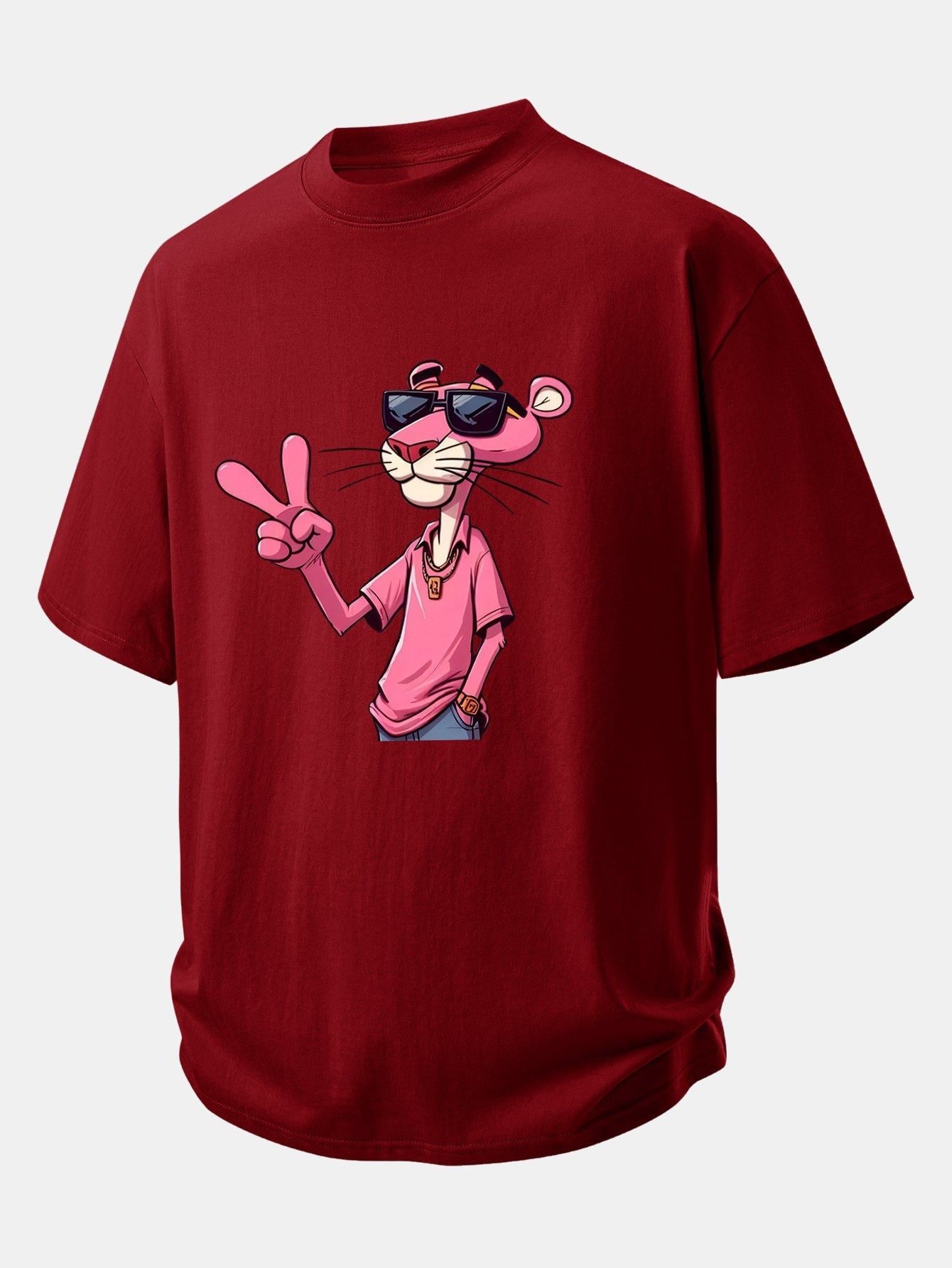 Relaxed Fit Cotton T-Shirt Featuring Pink Panther and V Sign Print