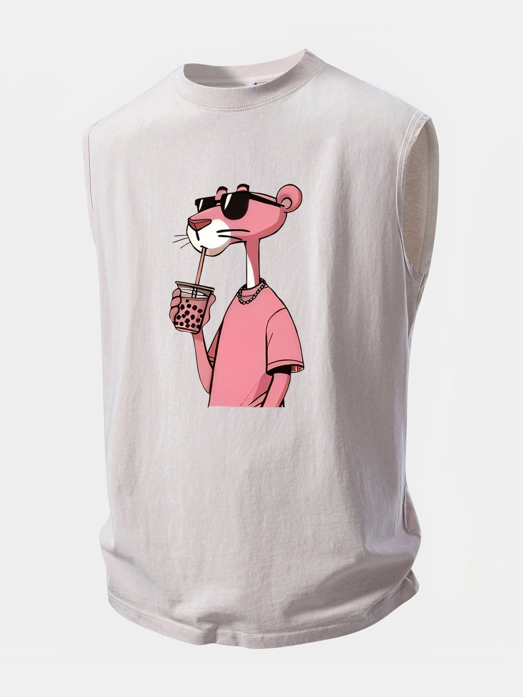 Distressed Washed Tank Top with Pink Panther Print
