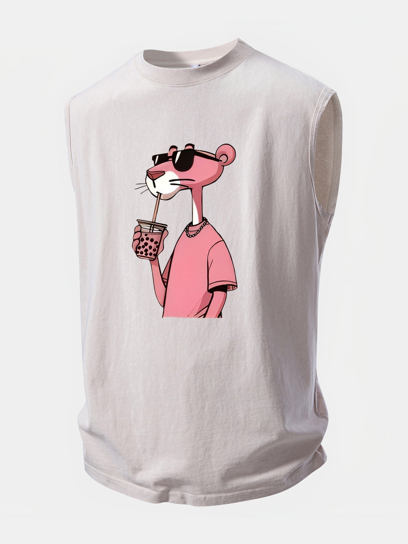 Distressed Washed Tank Top with Pink Panther Print