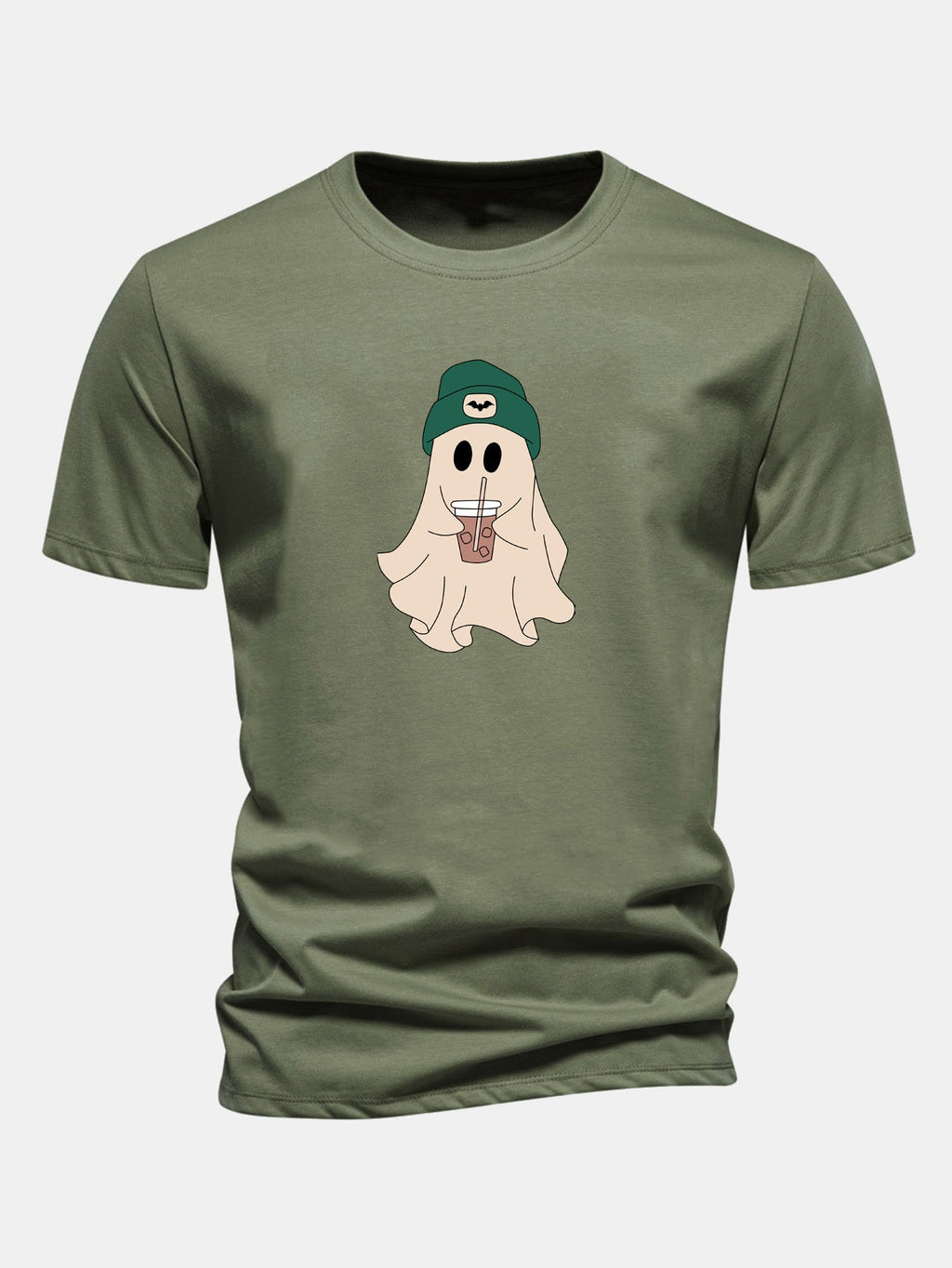 Regular Fit Dark Green Cotton T-Shirt with Ghost Print