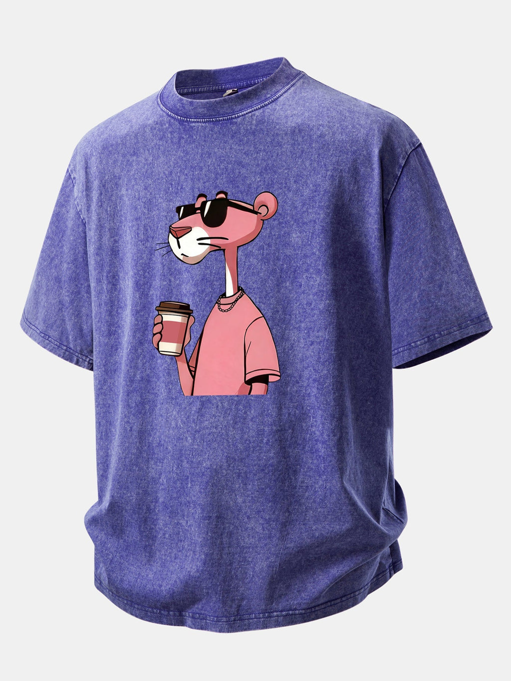 Distressed Drop Shoulder T-Shirt Featuring Pink Panther Coffee Print
