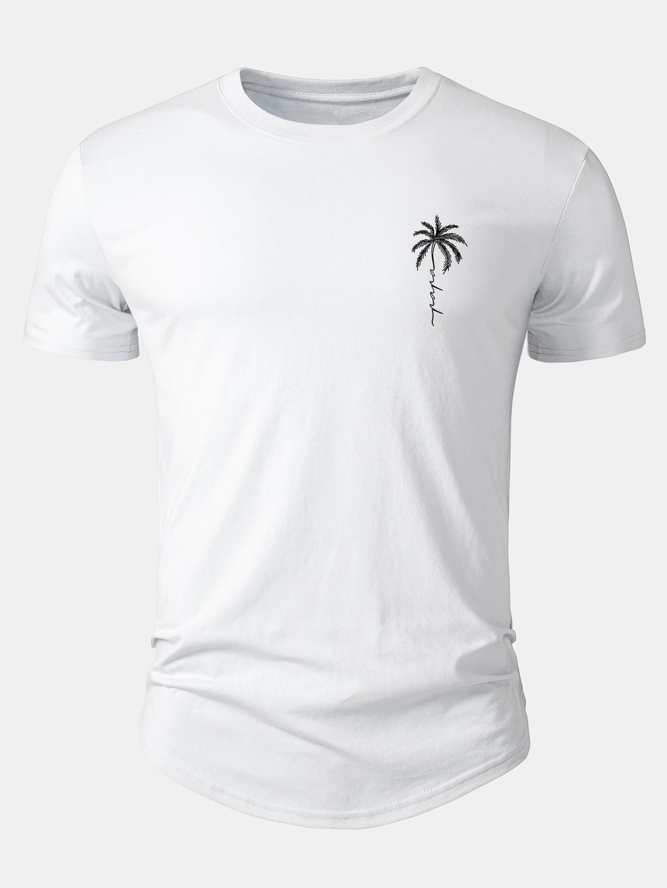 Arc Hem Cotton T-Shirt with Palm Tree Slogan Print