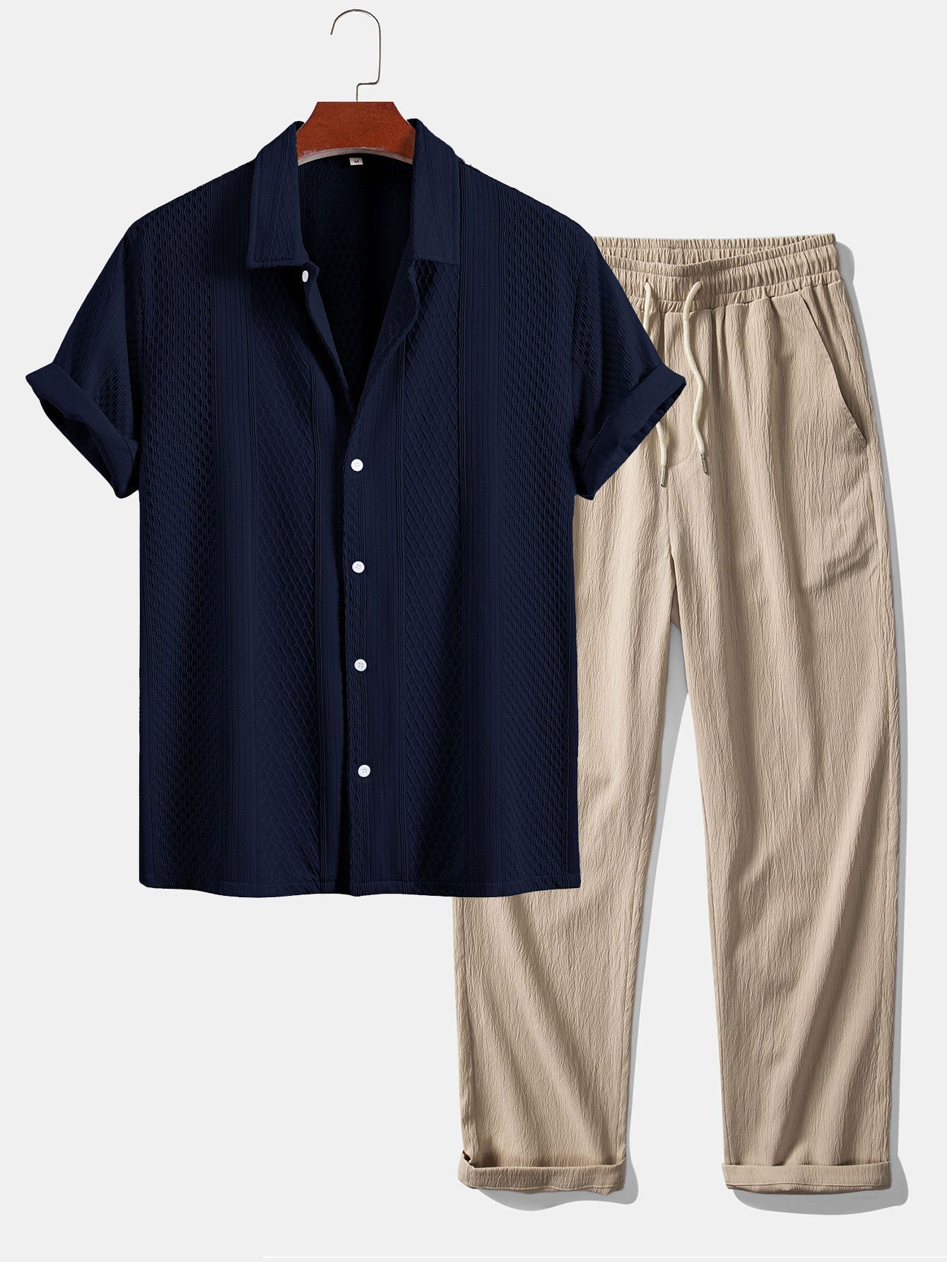 Geometric Jacquard Button-Up Shirt with Crinkle Textured Straight-Leg Pants