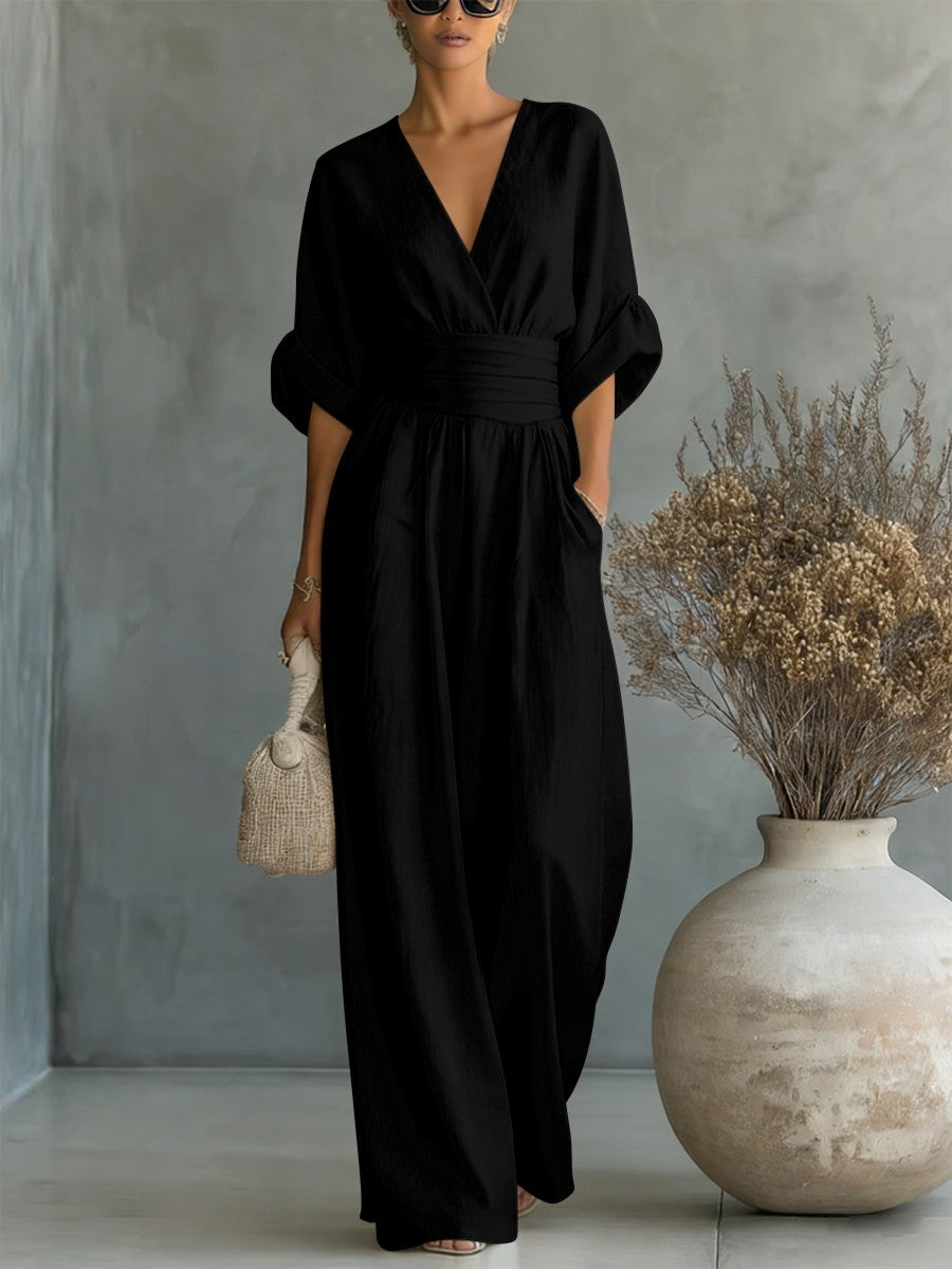 V-Neck Linen Waist Jumpsuit