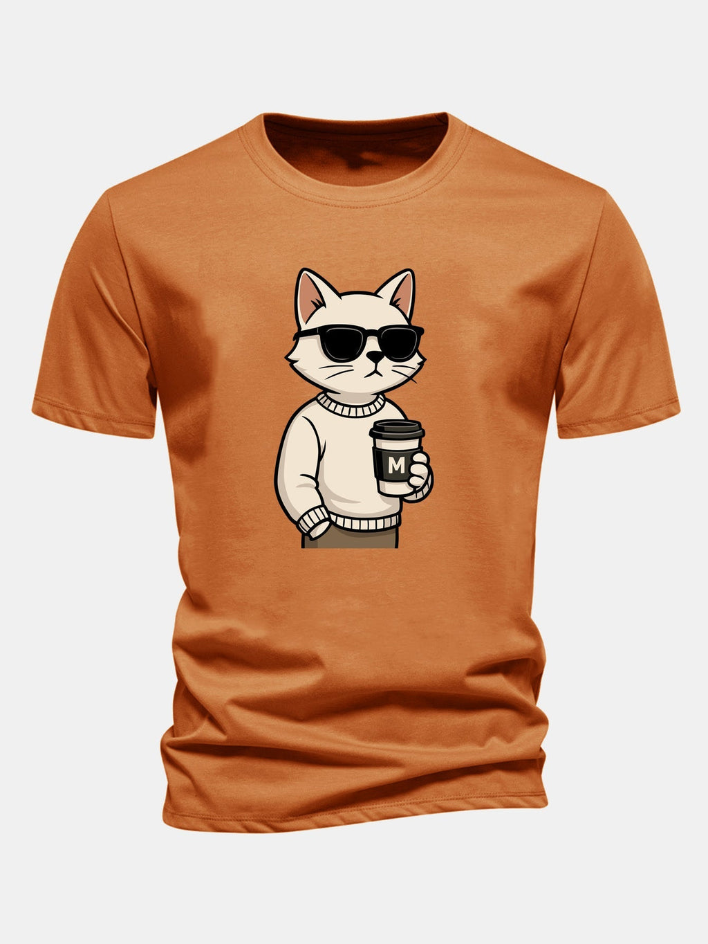 Classic Fit Cotton T-Shirt with Cat Coffee Print