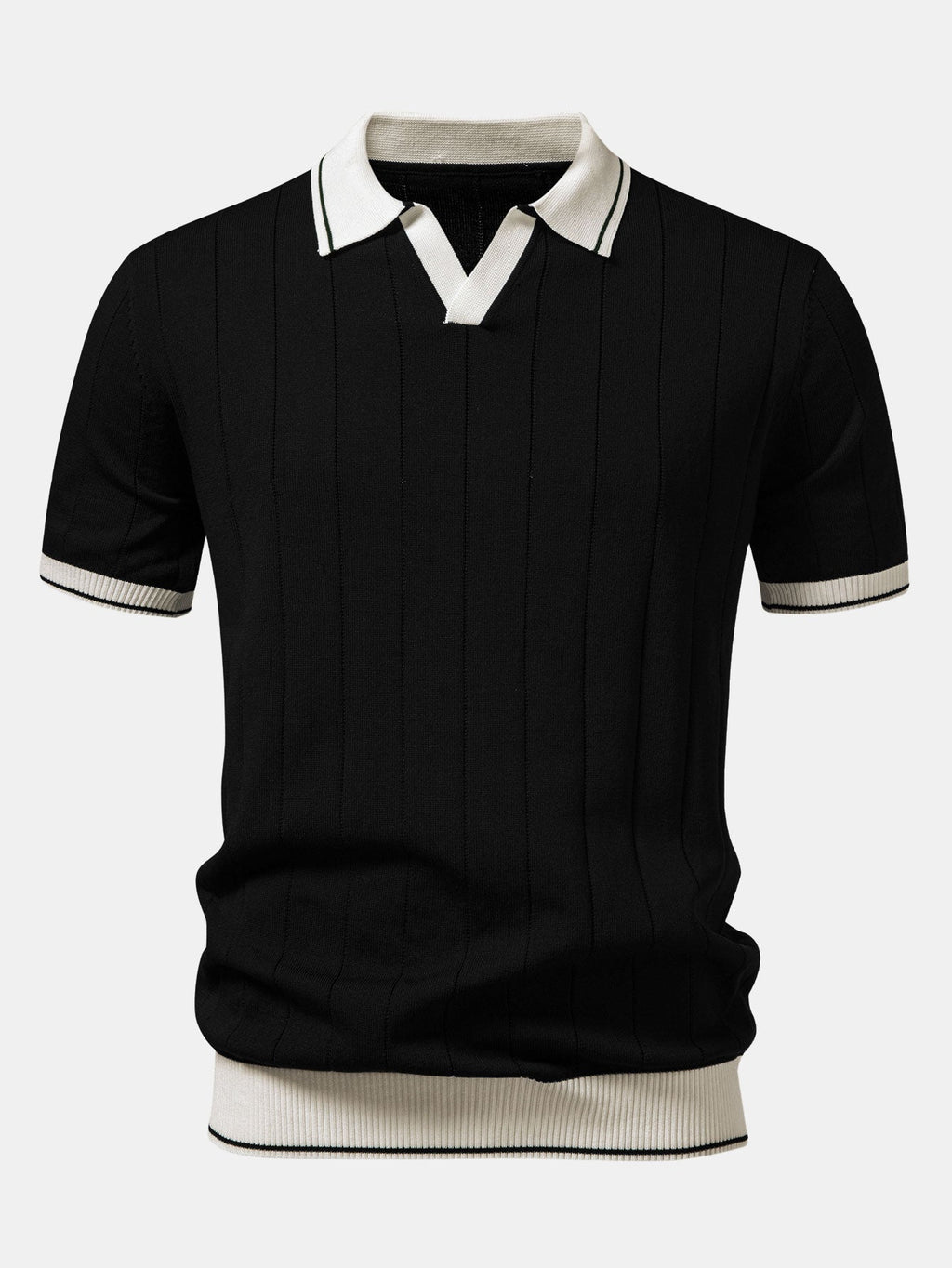 Ribbed Johnny Collar Knit Polo with Contrast Trim & Slim Fit Tapered Trousers
