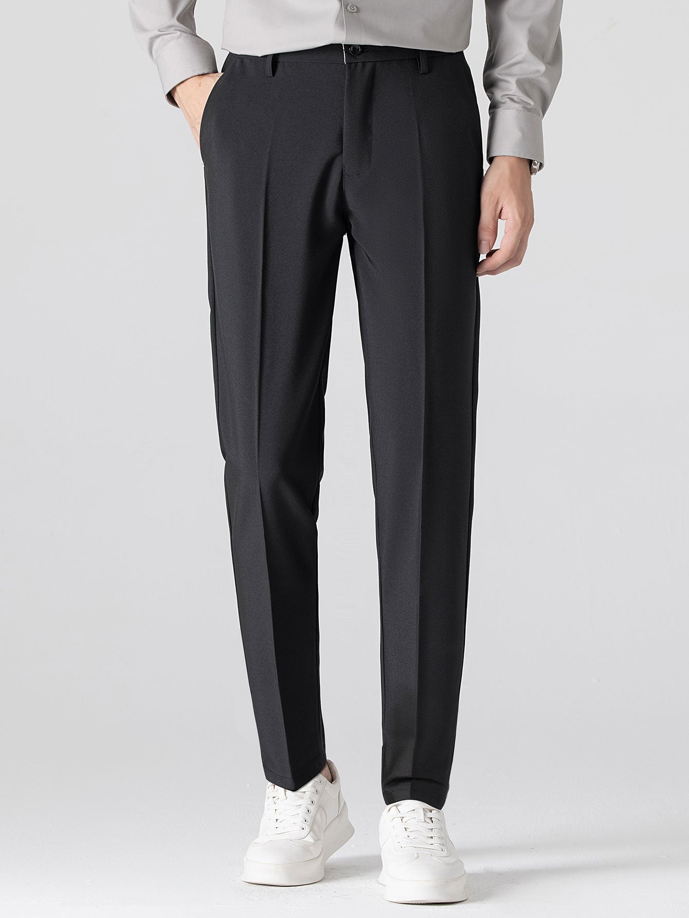 Ribbed Johnny Collar Knit Polo with Contrast Trim & Slim Fit Tapered Trousers