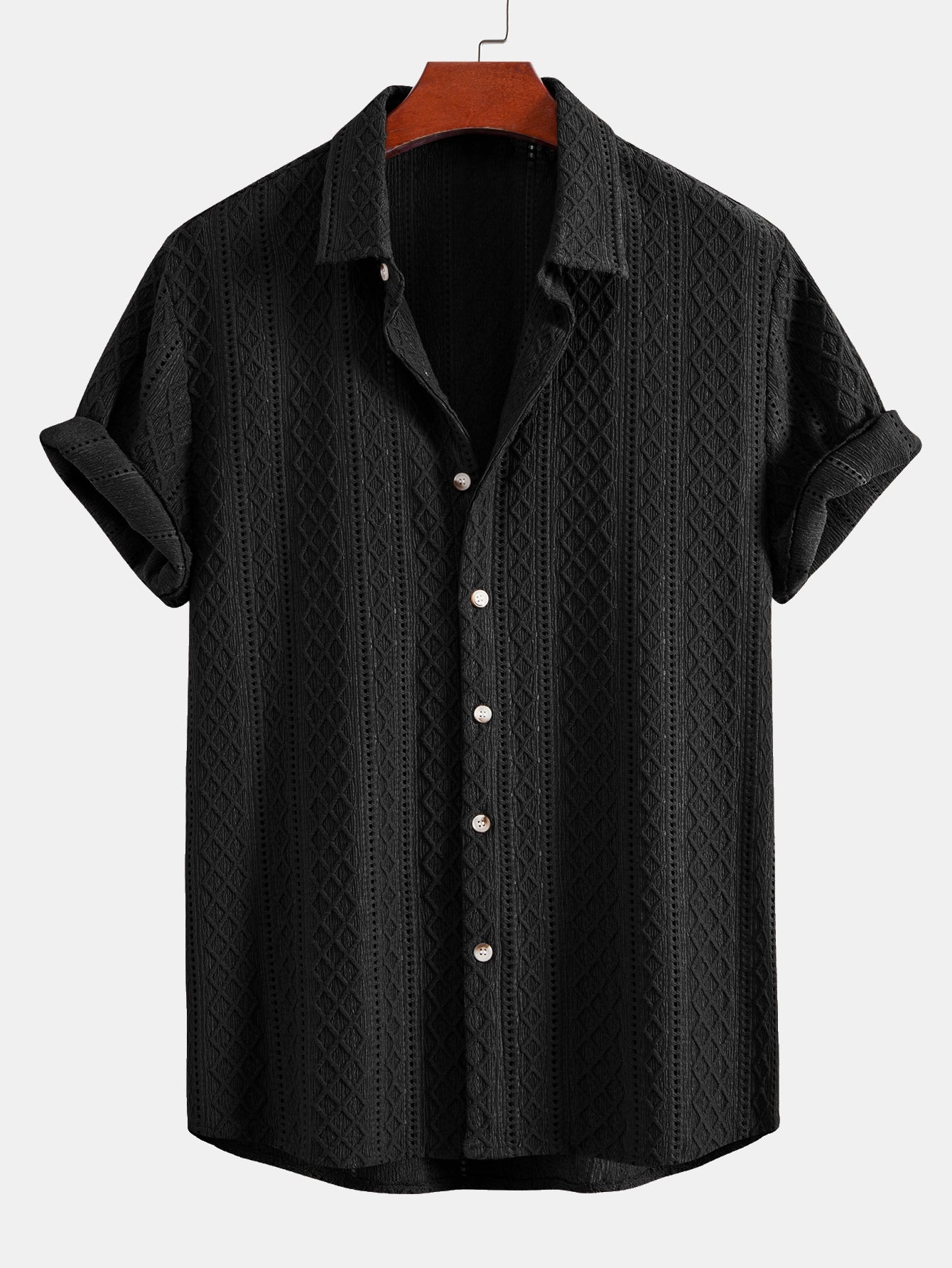 Jacquard Rhombus Button-Up Shirt & Crinkle Textured 5" Drawstring Shorts