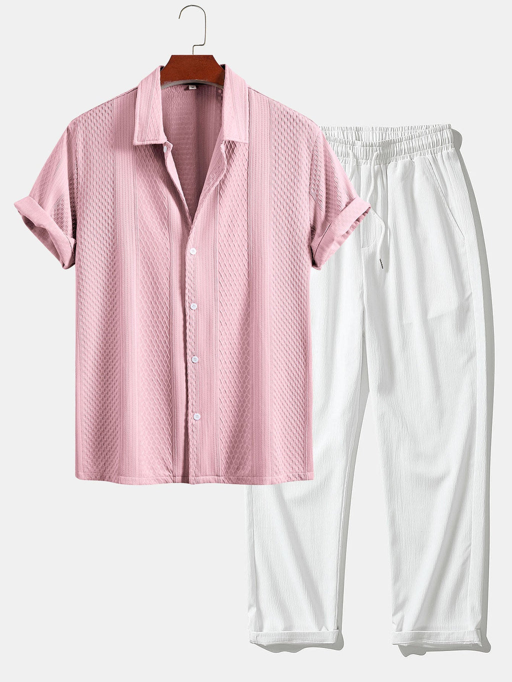 Geometric Jacquard Button-Up Shirt with Crinkle Textured Straight-Leg Pants