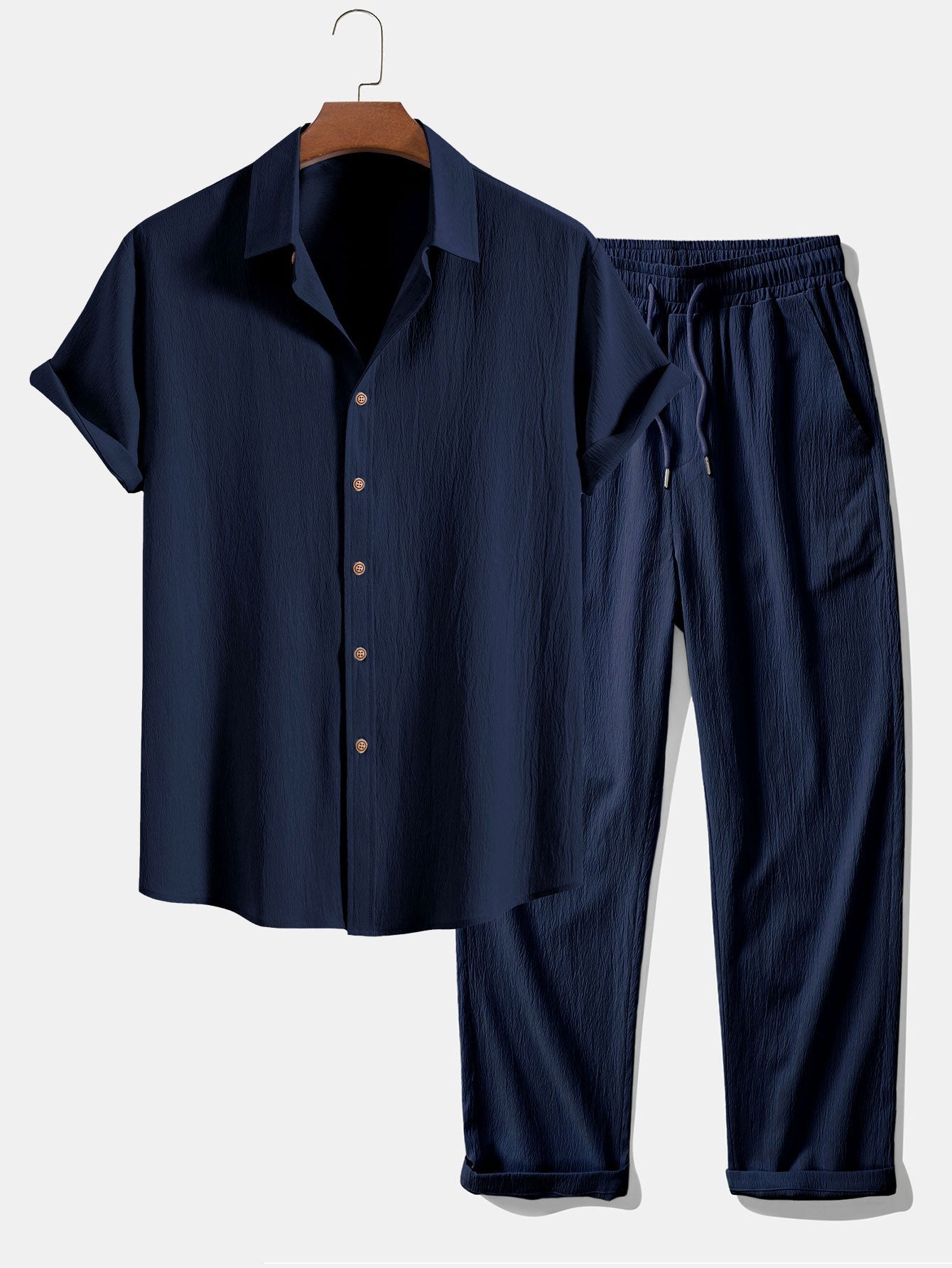 Textured Crinkle Button-Up Shirt with Straight-Leg Trousers