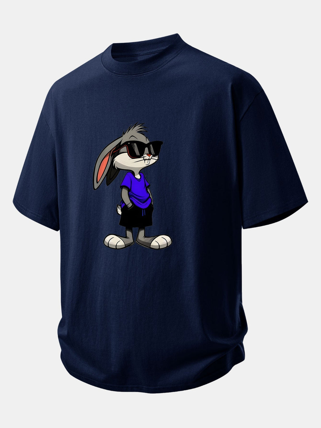 Relaxed Fit Cotton T-Shirt with Rabbit Print Sunglasses Design