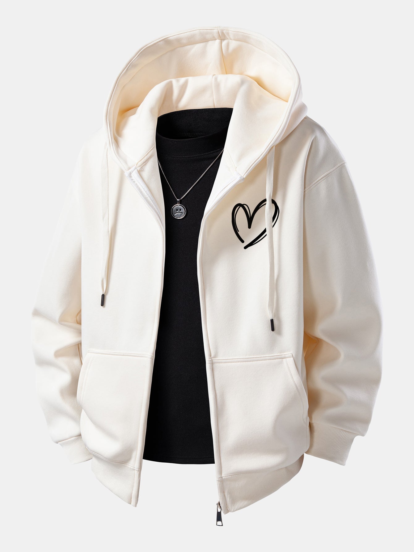 Heart Pattern Zip-Up Hoodie