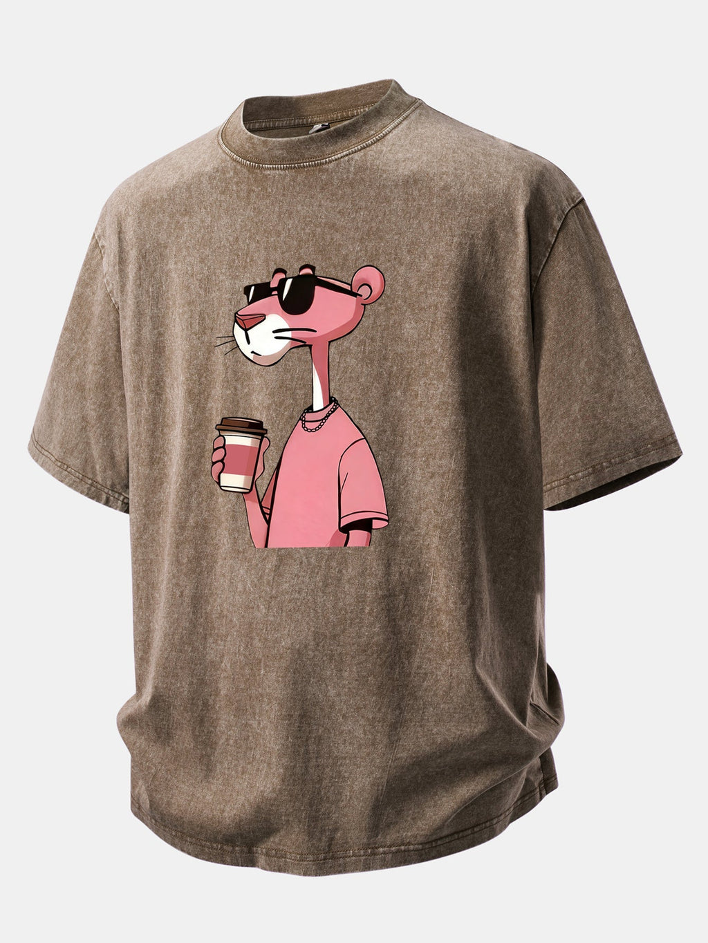 Distressed Drop Shoulder T-Shirt Featuring Pink Panther Coffee Print