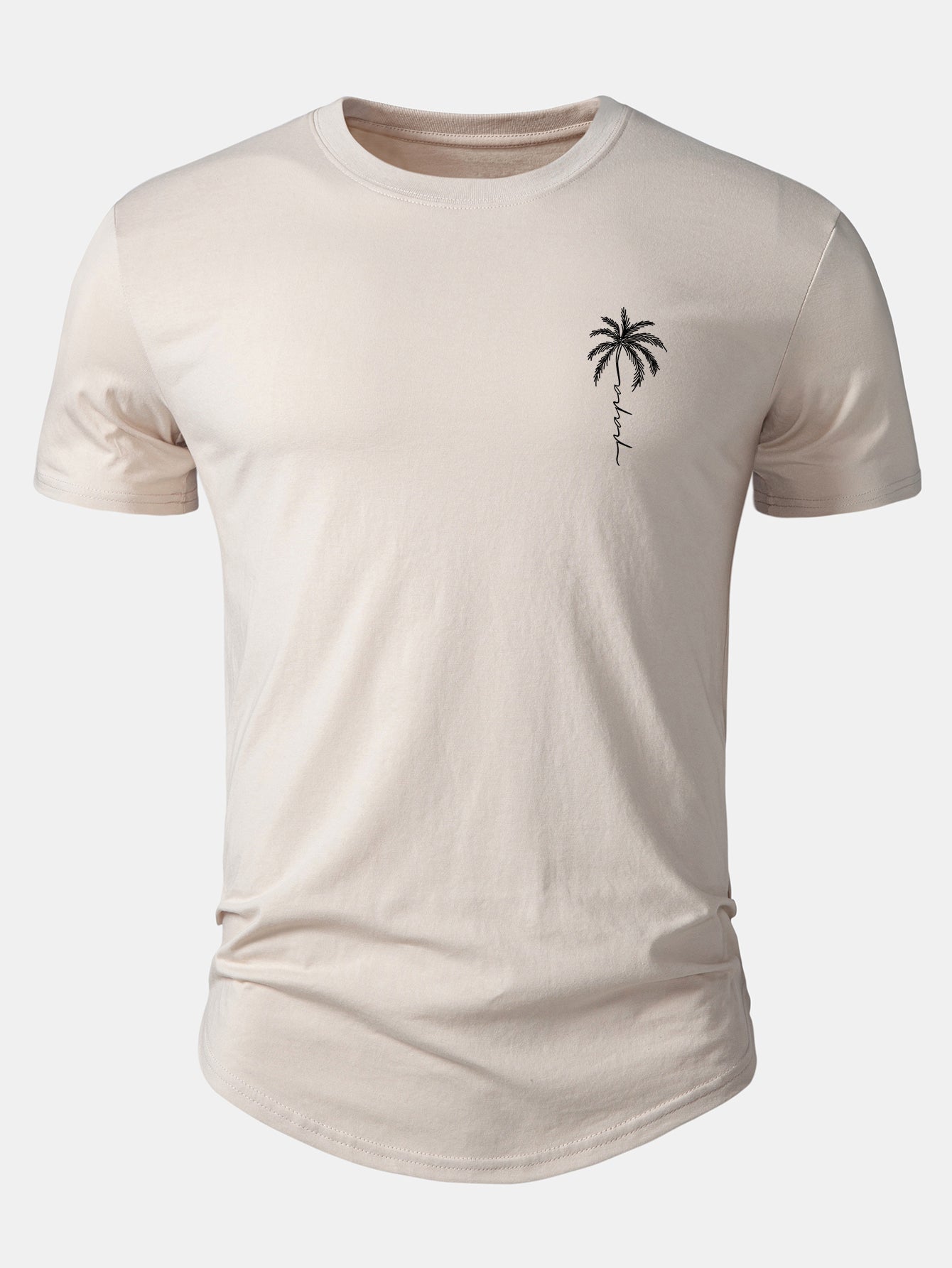 Arc Hem Cotton T-Shirt with Palm Tree Slogan Print