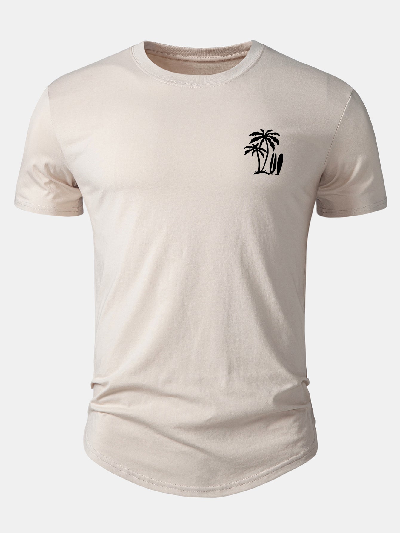 Arc Hem T-Shirt with Palm Tree Print in Cotton
