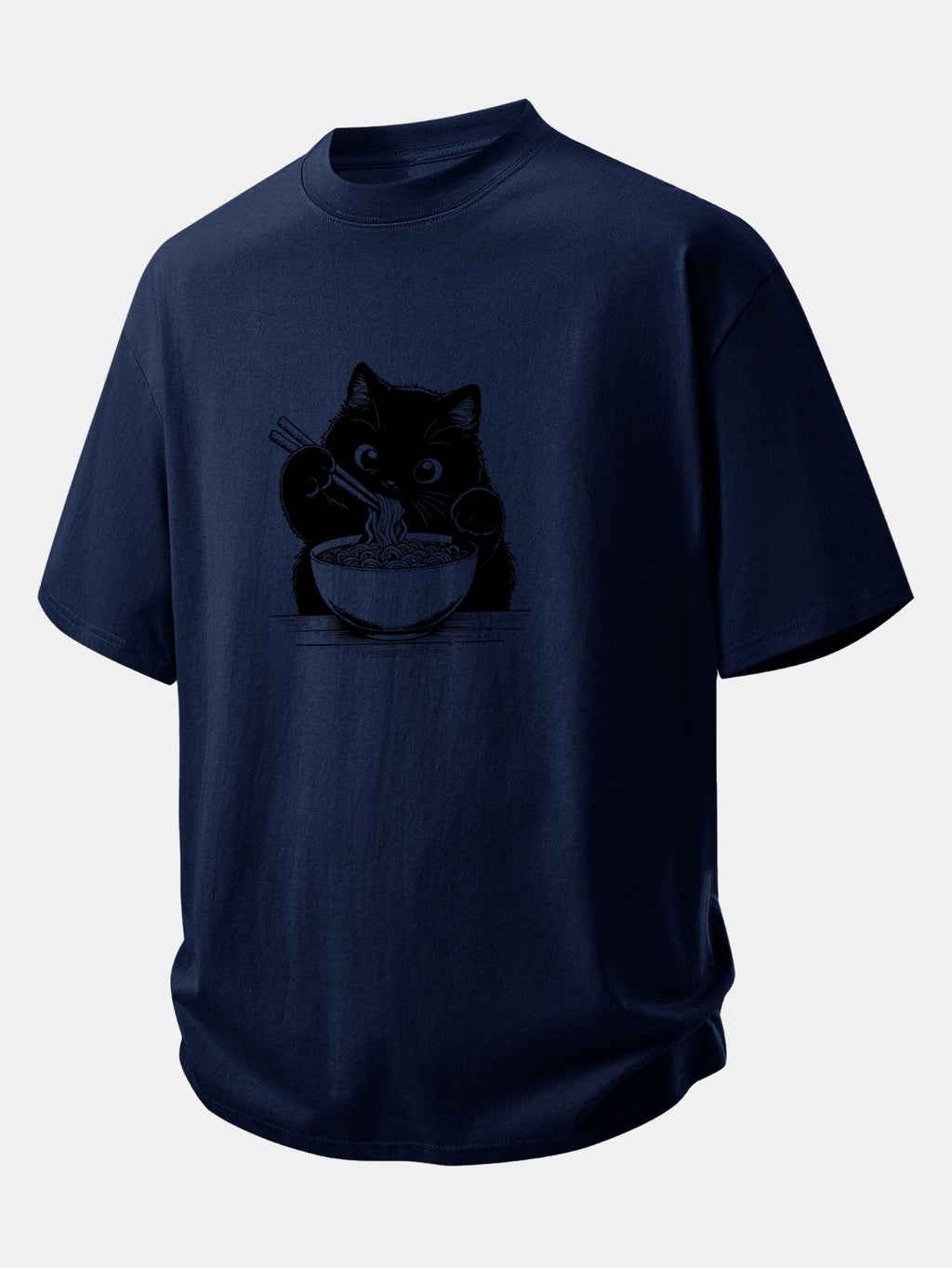 Comfortable Black Cat Ramen Graphic Cotton T-Shirt