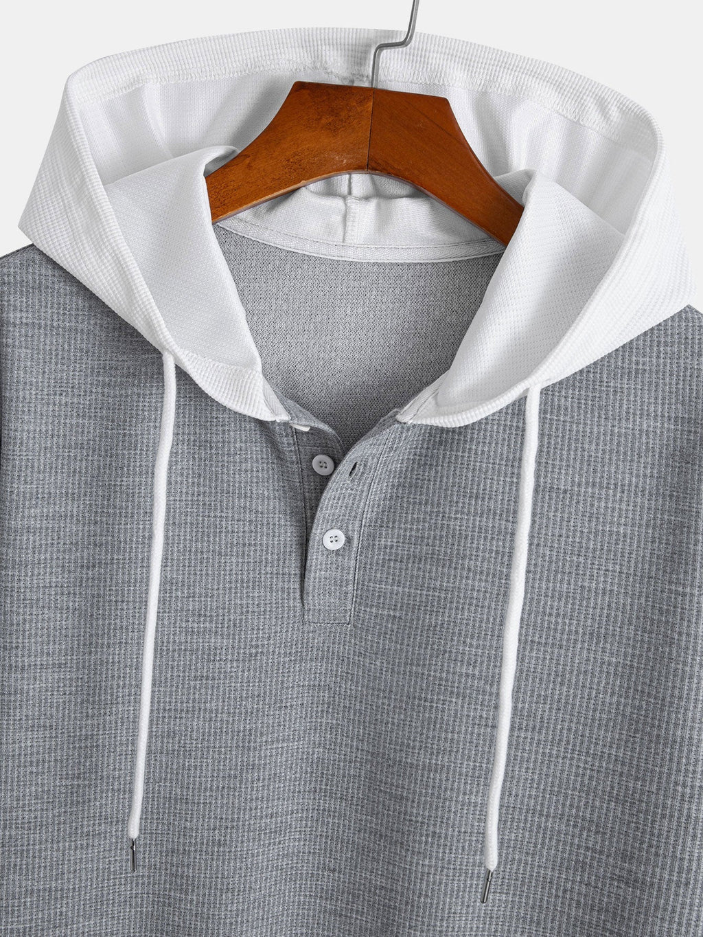 Two-Tone Button-Up Waffle Knit Hooded Tee