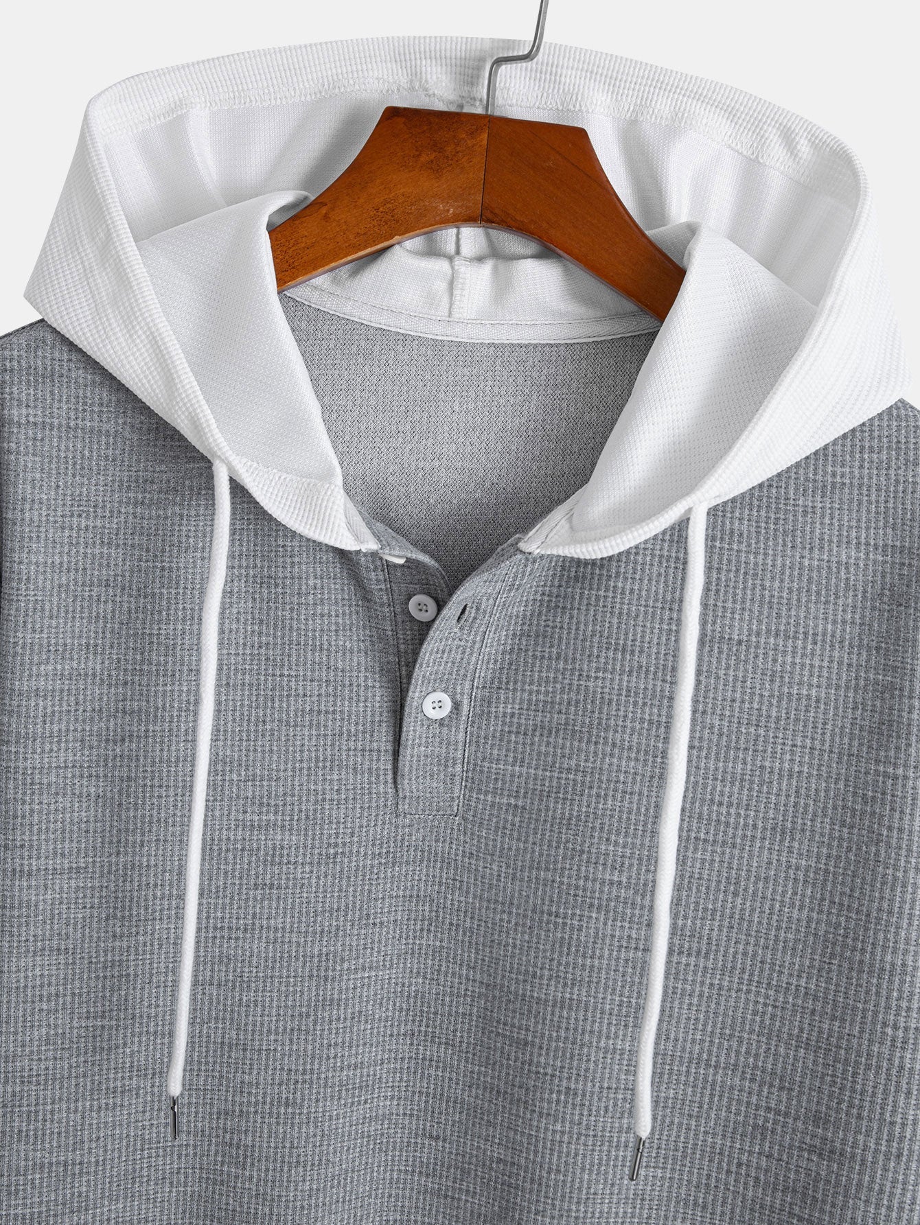 Two-Tone Button-Up Waffle Knit Hooded Tee