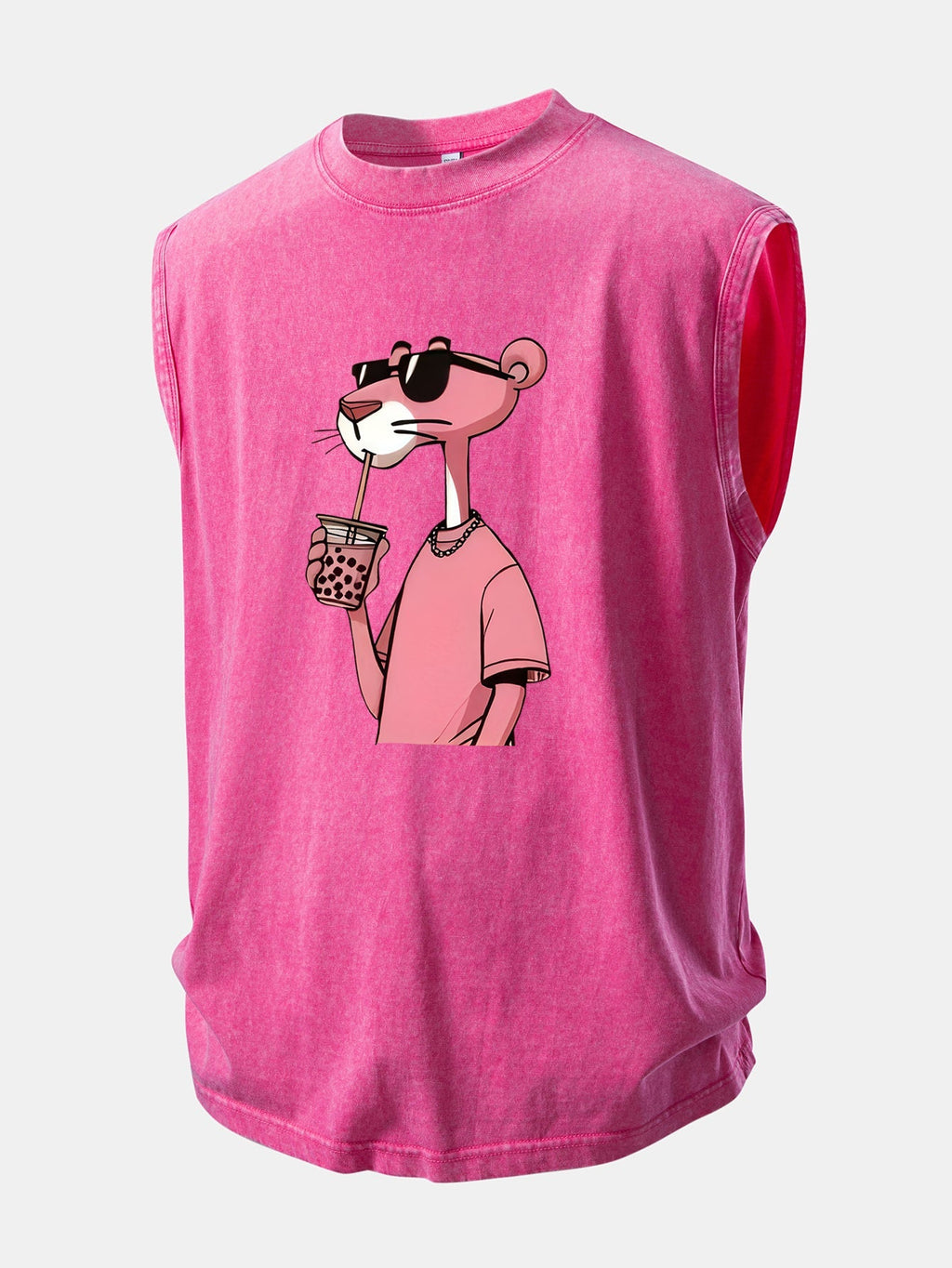 Distressed Washed Tank Top with Pink Panther Print