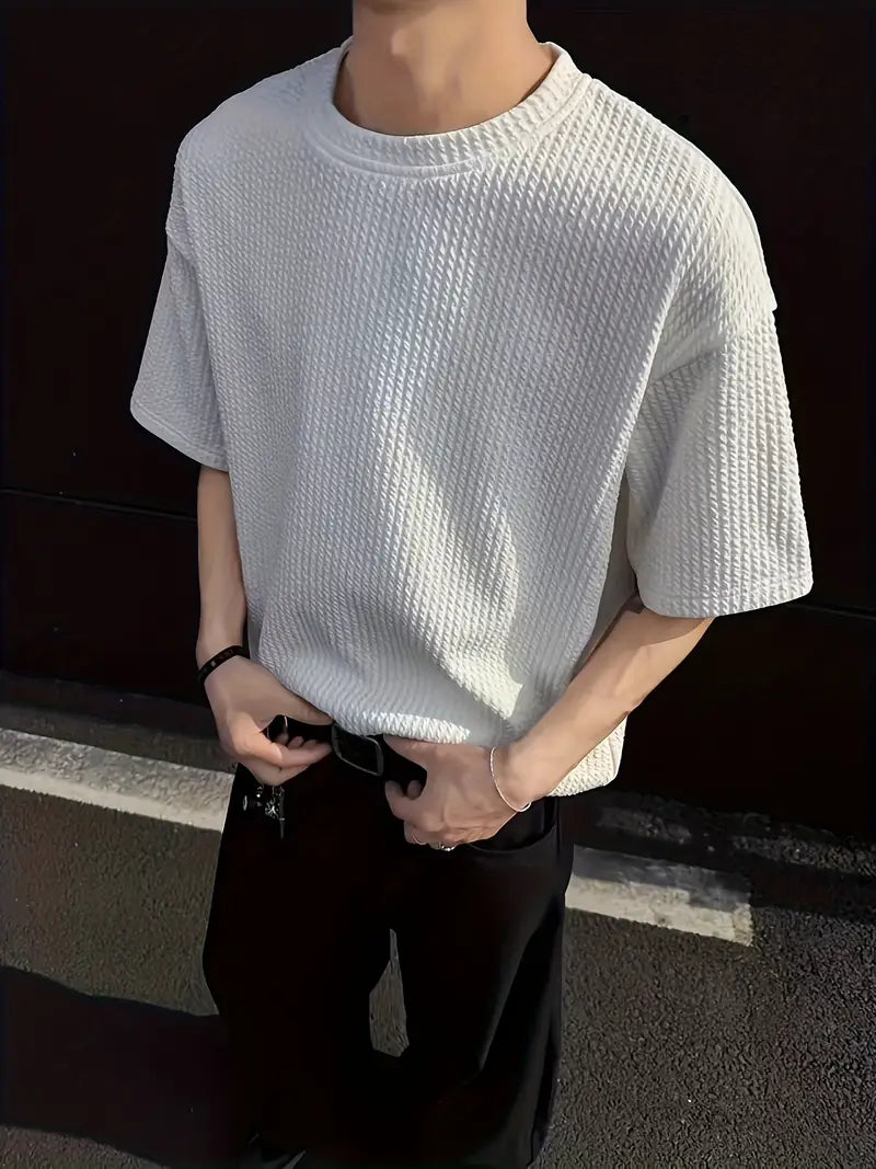 Men's White Jacquard Knit T-Shirt for Summer