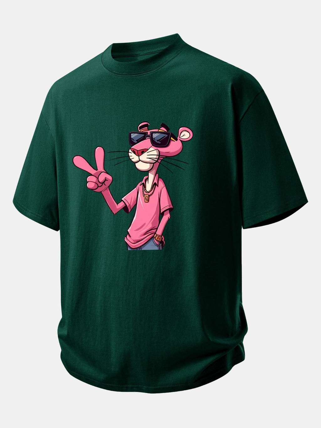 Relaxed Fit Cotton T-Shirt Featuring Pink Panther and V Sign Print