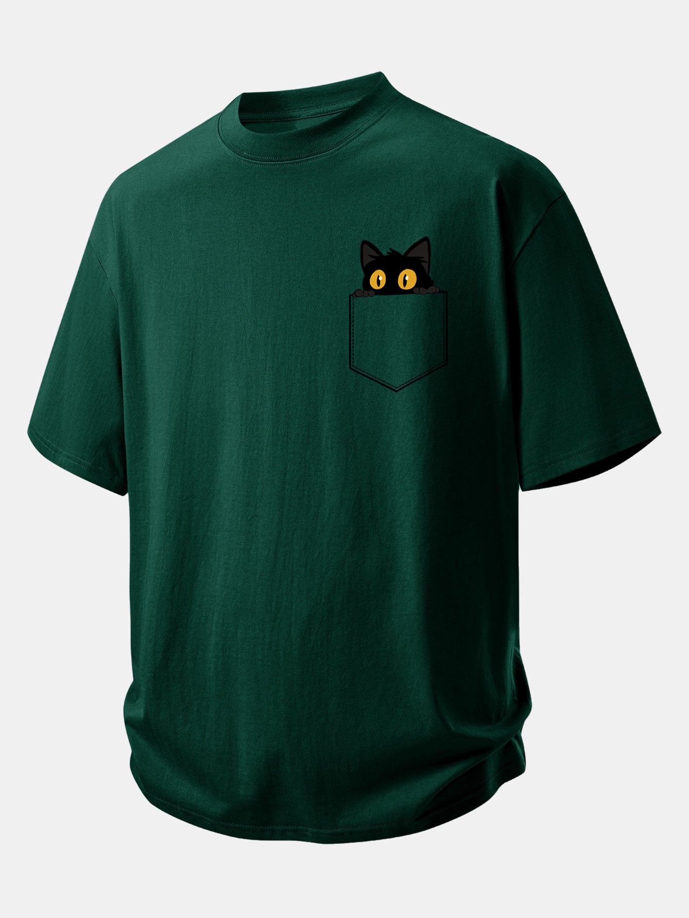 Relaxed Fit Cotton T-Shirt with Black Cat Print and Pockets
