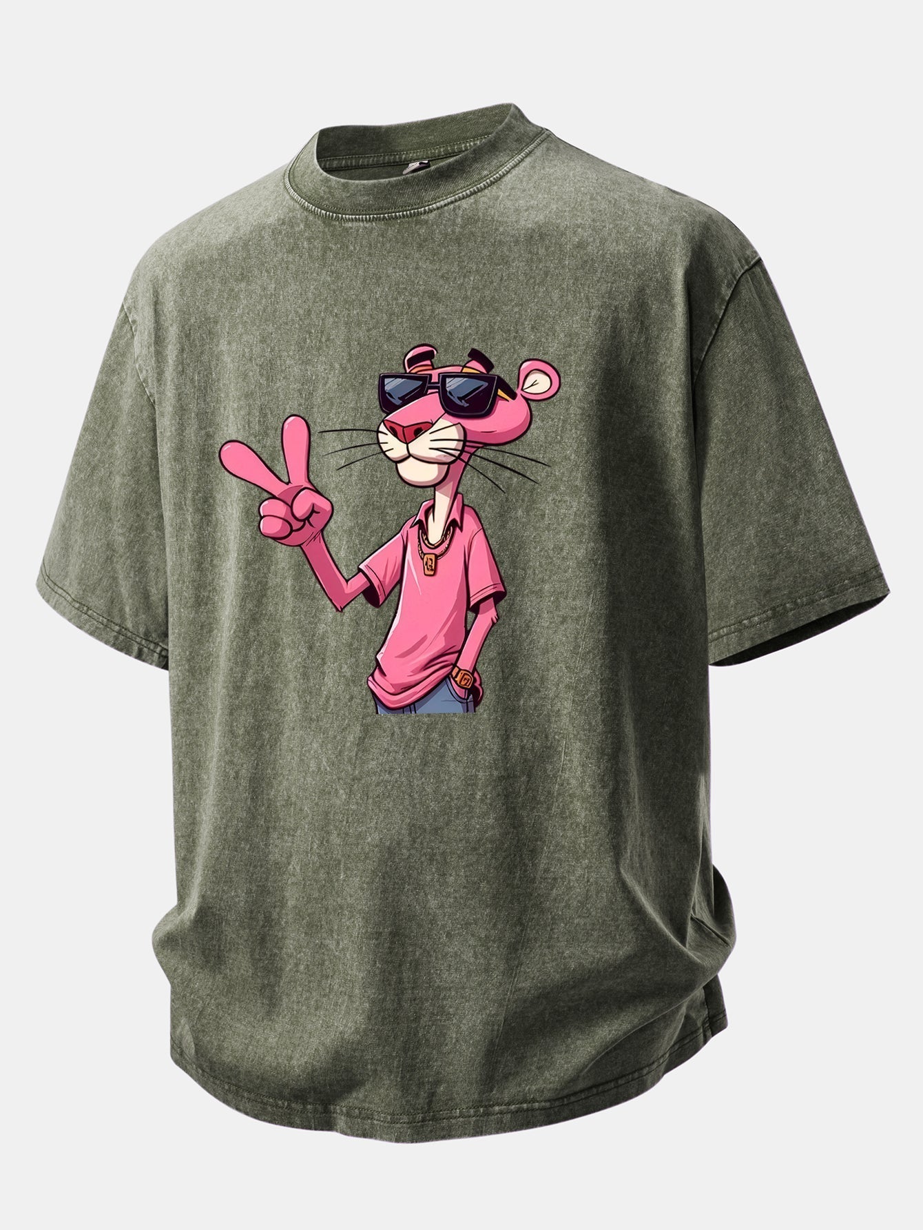 Distressed Drop Shoulder T-Shirt Featuring Pink Panther with V Sign Print