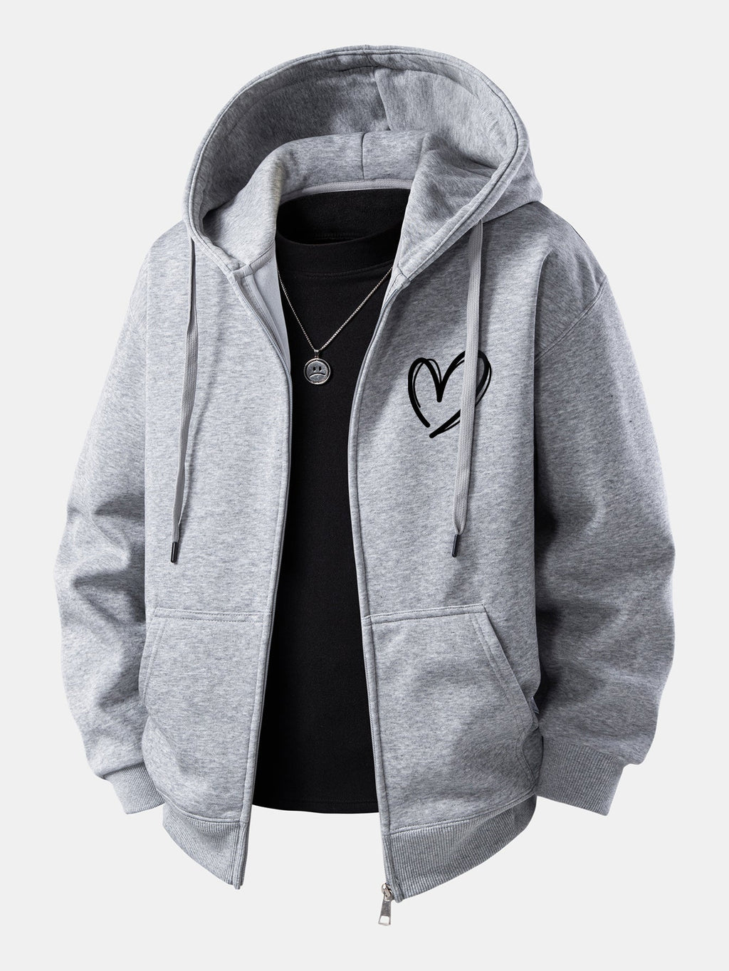 Heart Pattern Zip-Up Hoodie