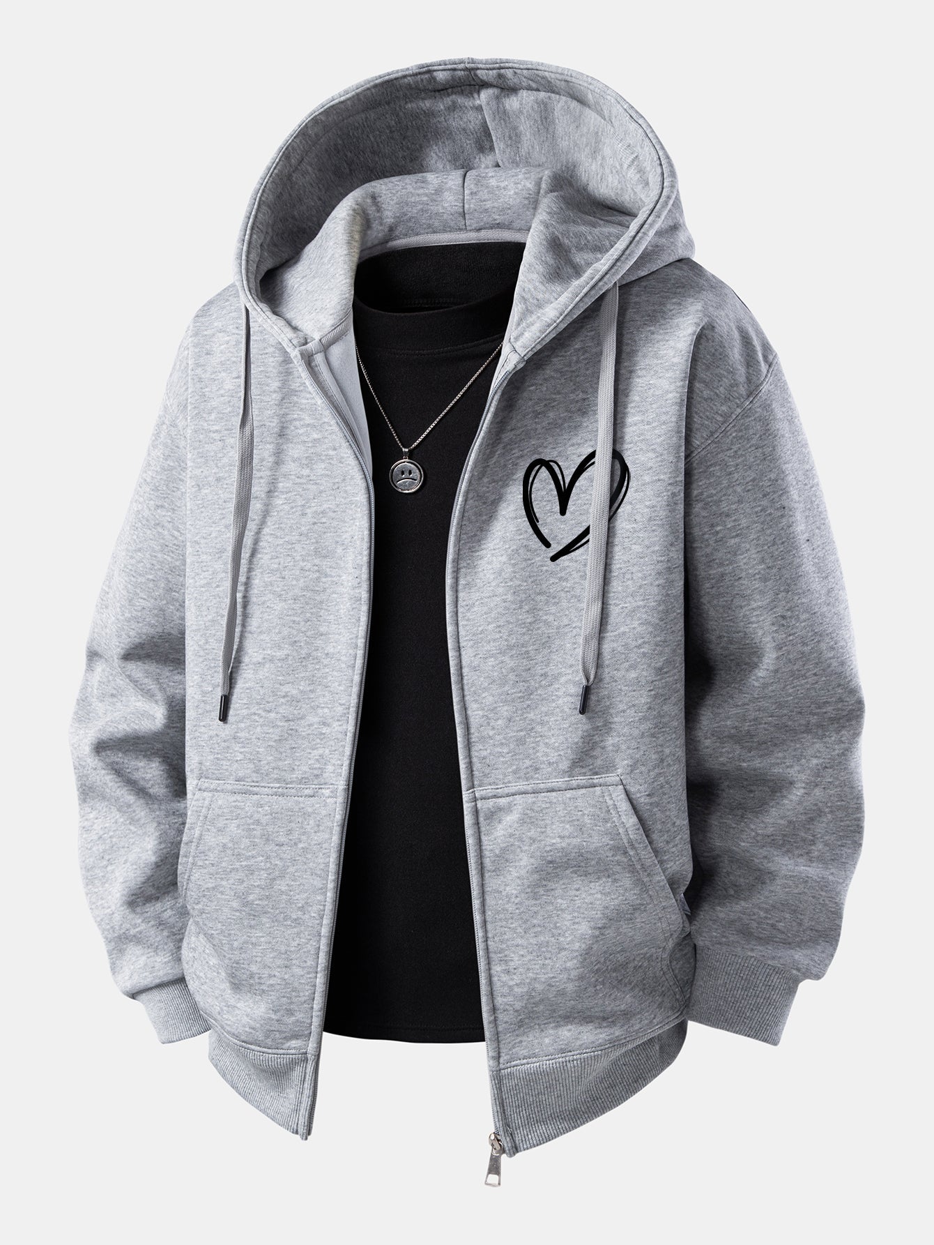 Heart Pattern Zip-Up Hoodie