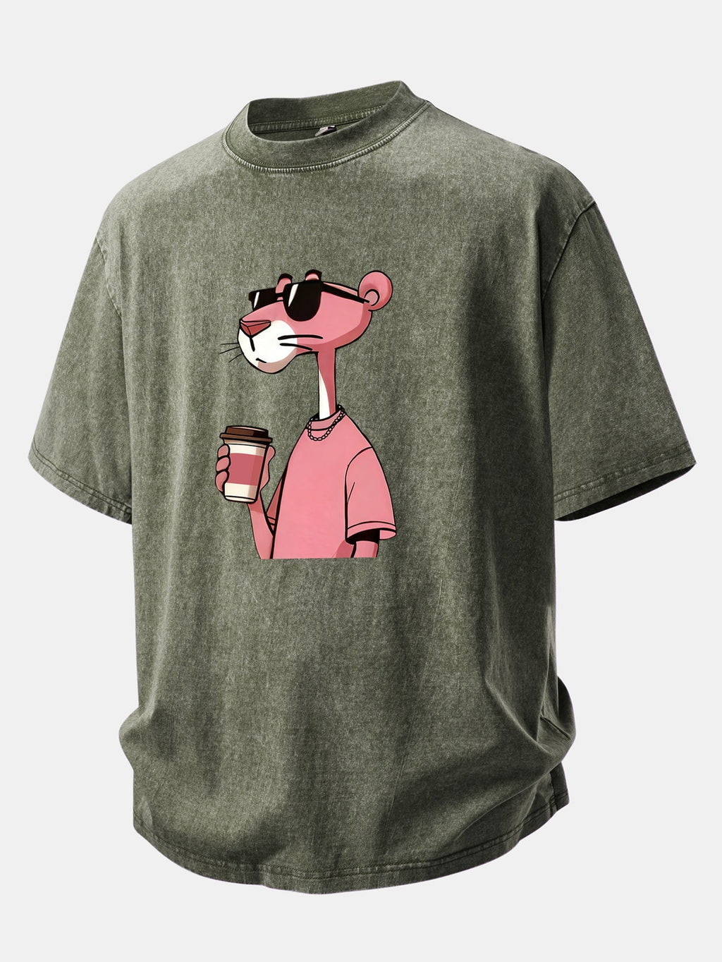 Distressed Drop Shoulder T-Shirt Featuring Pink Panther Coffee Print