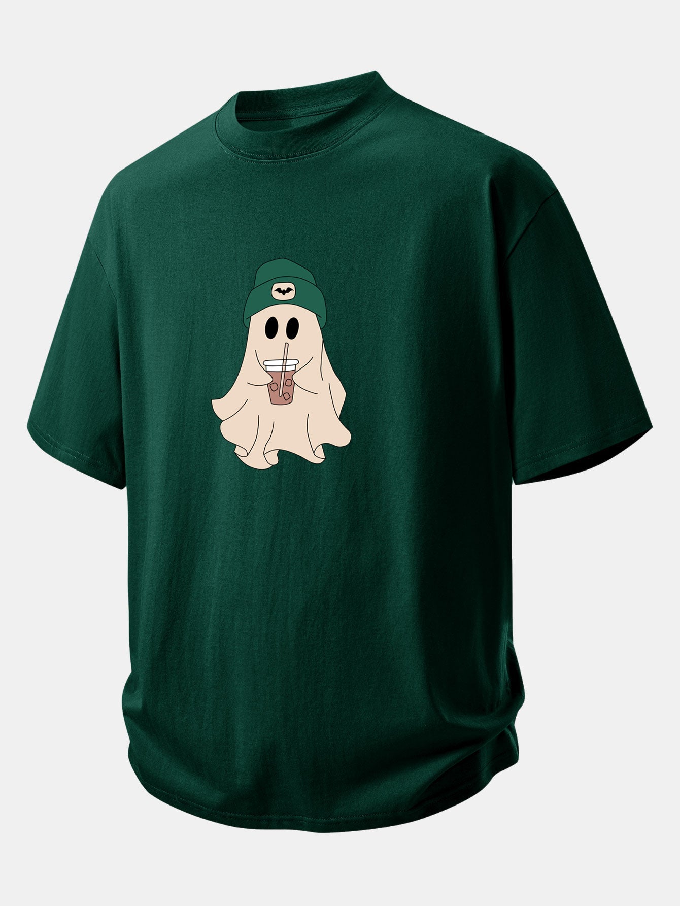 Relaxed Fit Dark Green Ghost Print Cotton T-Shirt