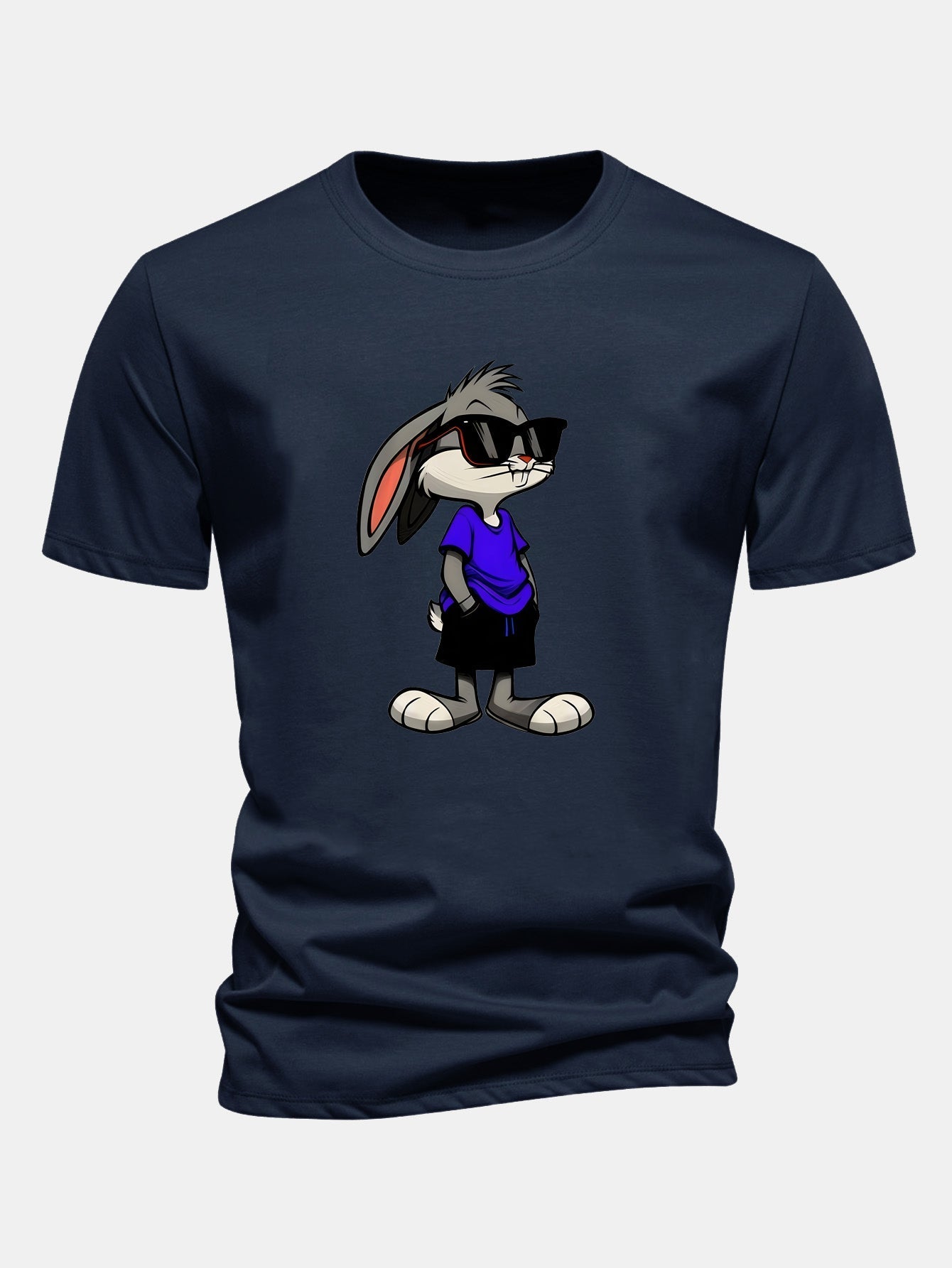 Rabbit Print Cotton T-Shirt in Regular Fit with Sunglasses Design