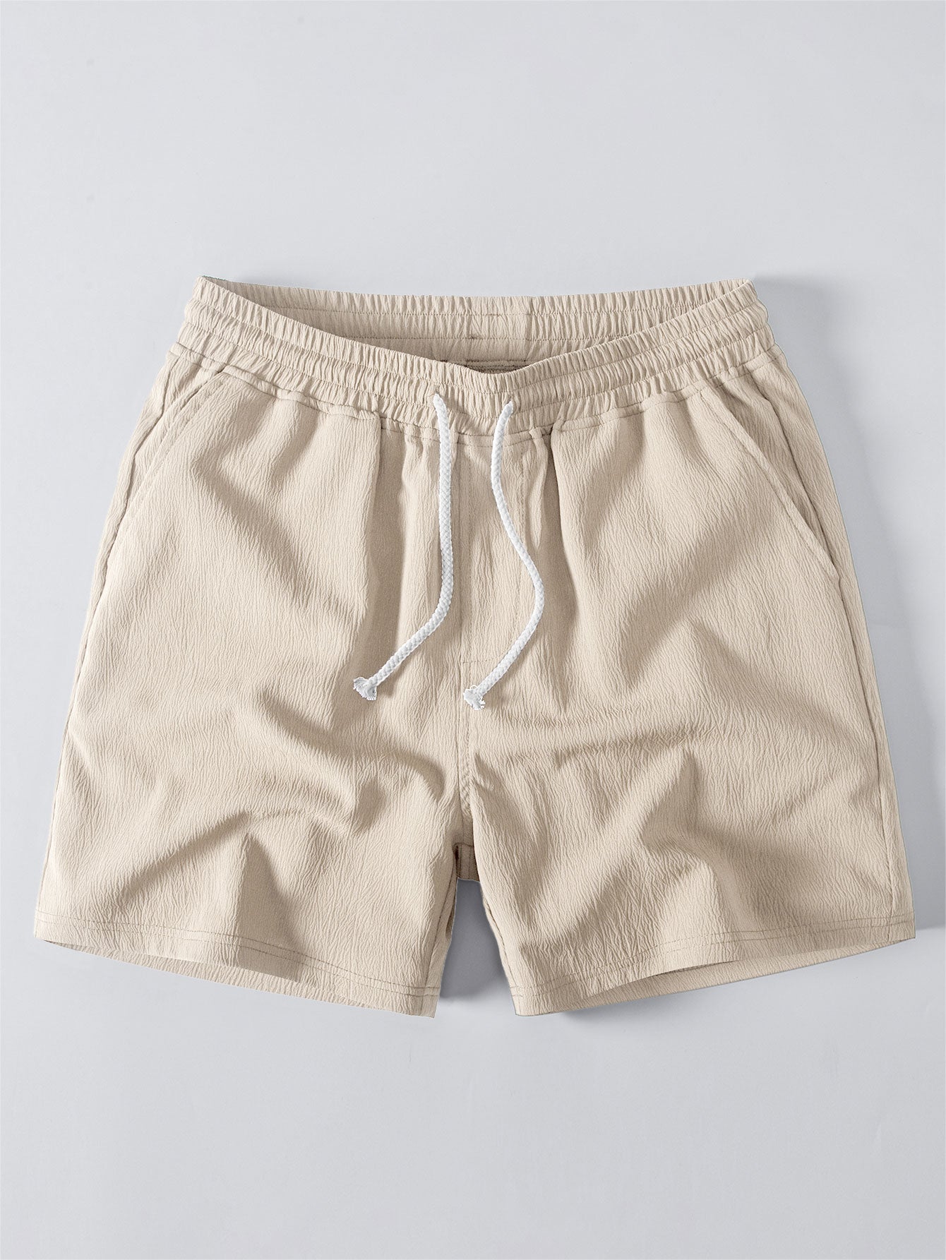 Linen-Rayon Blend Button-Up Shirt with Crinkle Textured 5" Drawstring Shorts