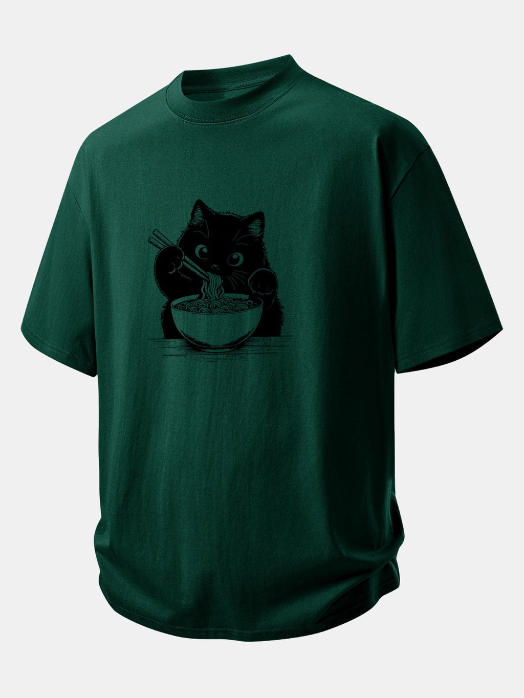 Comfortable Black Cat Ramen Graphic Cotton T-Shirt