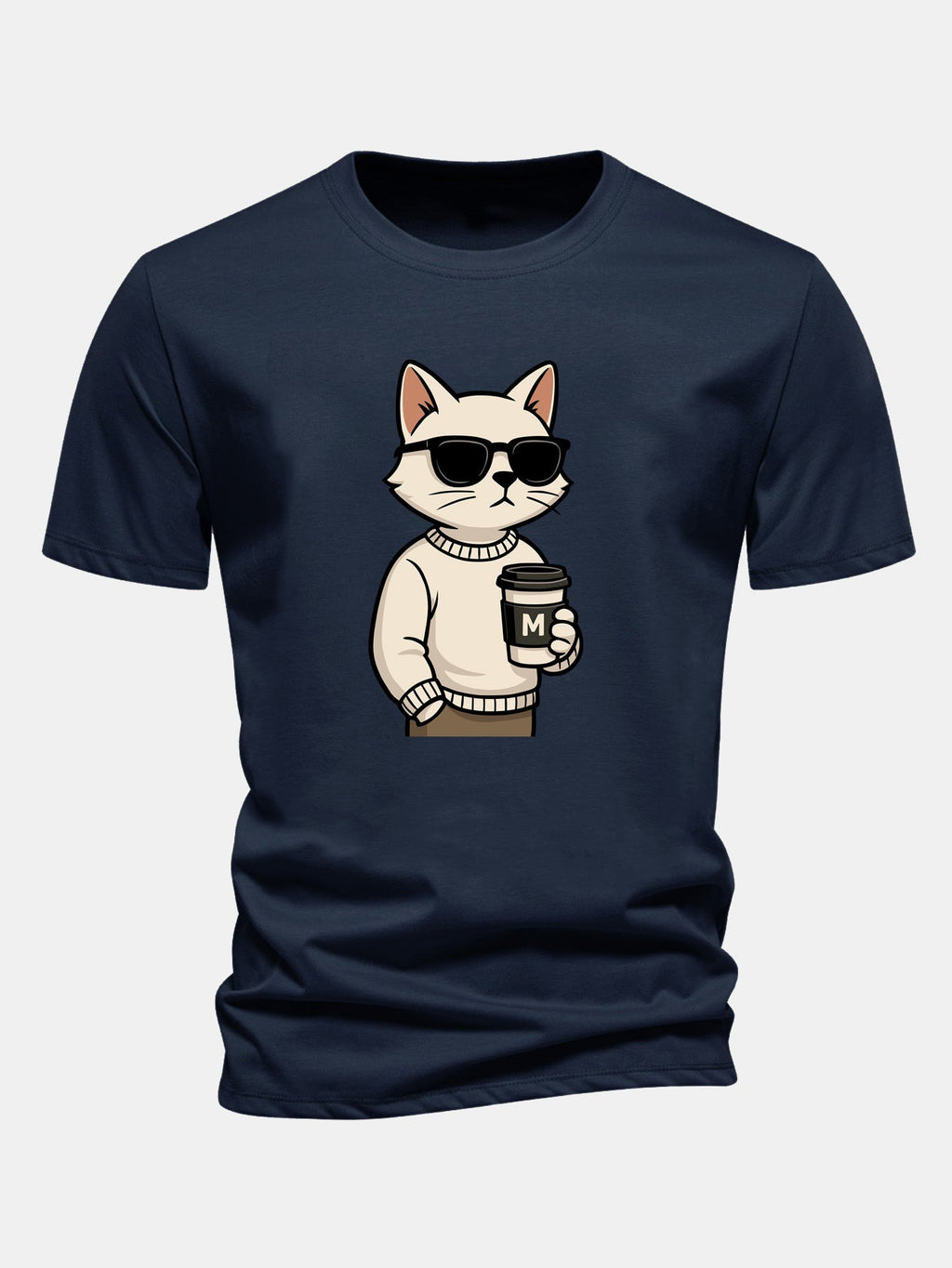 Classic Fit Cotton T-Shirt with Cat Coffee Print