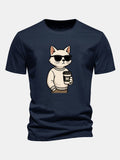 Classic Fit Cotton T-Shirt with Cat Coffee Print