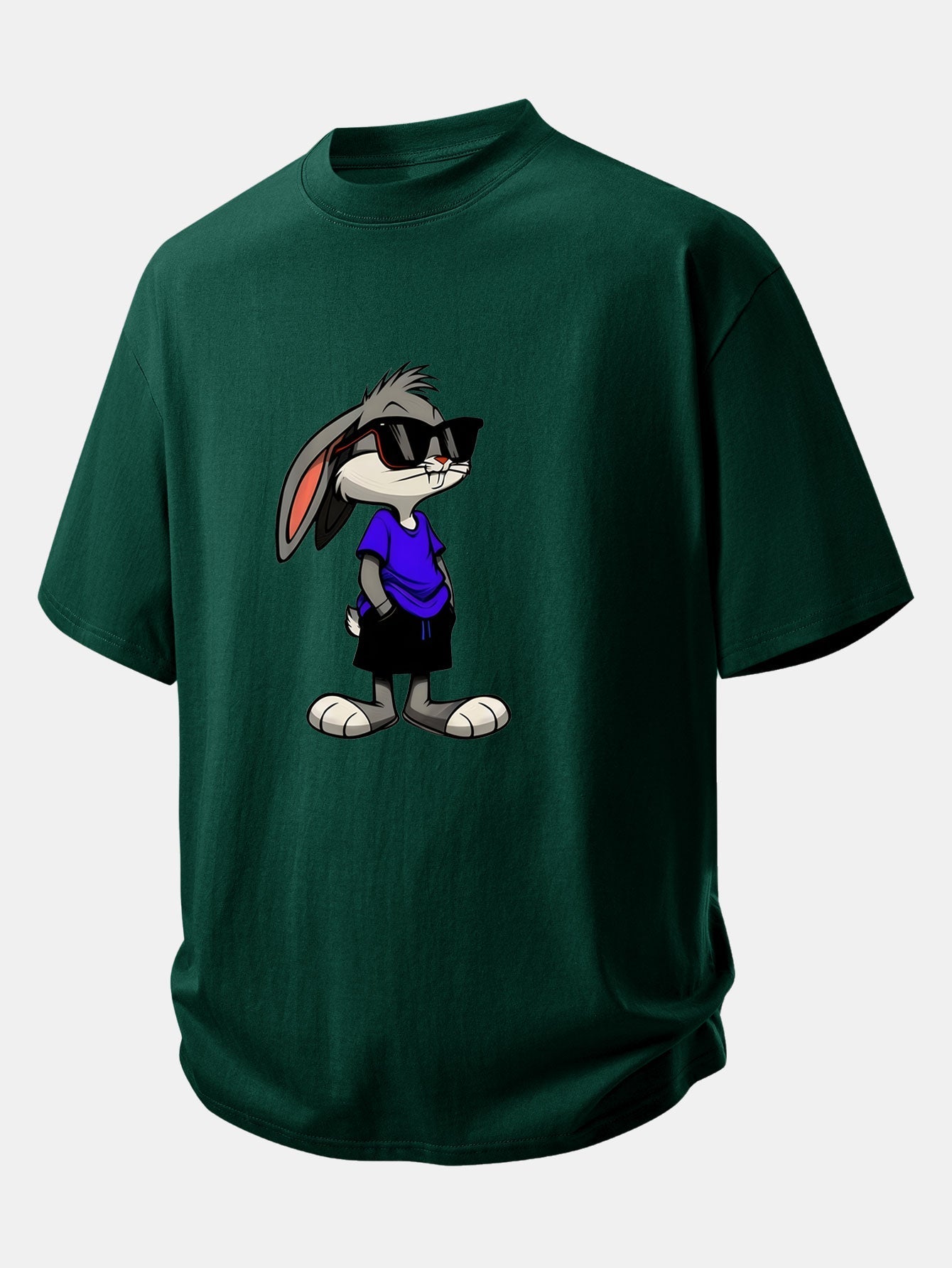 Relaxed Fit Cotton T-Shirt with Rabbit Print Sunglasses Design