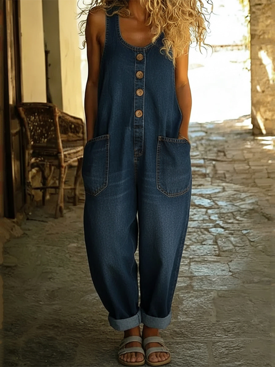 Women's Casual Cotton Vest and Denim Jumpsuit
