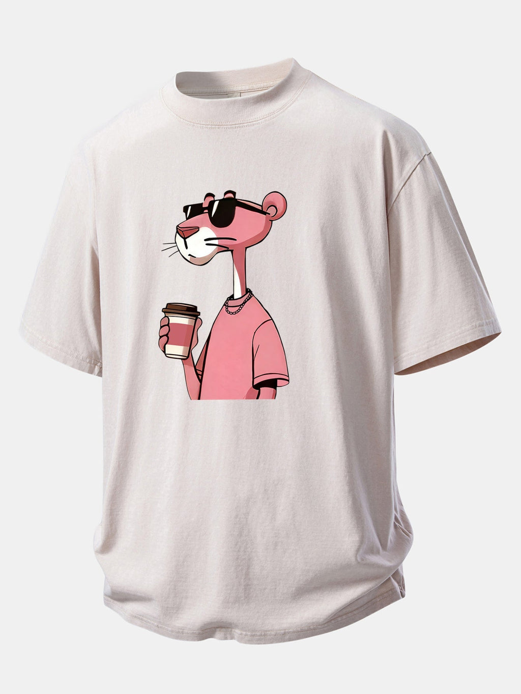 Distressed Drop Shoulder T-Shirt Featuring Pink Panther Coffee Print