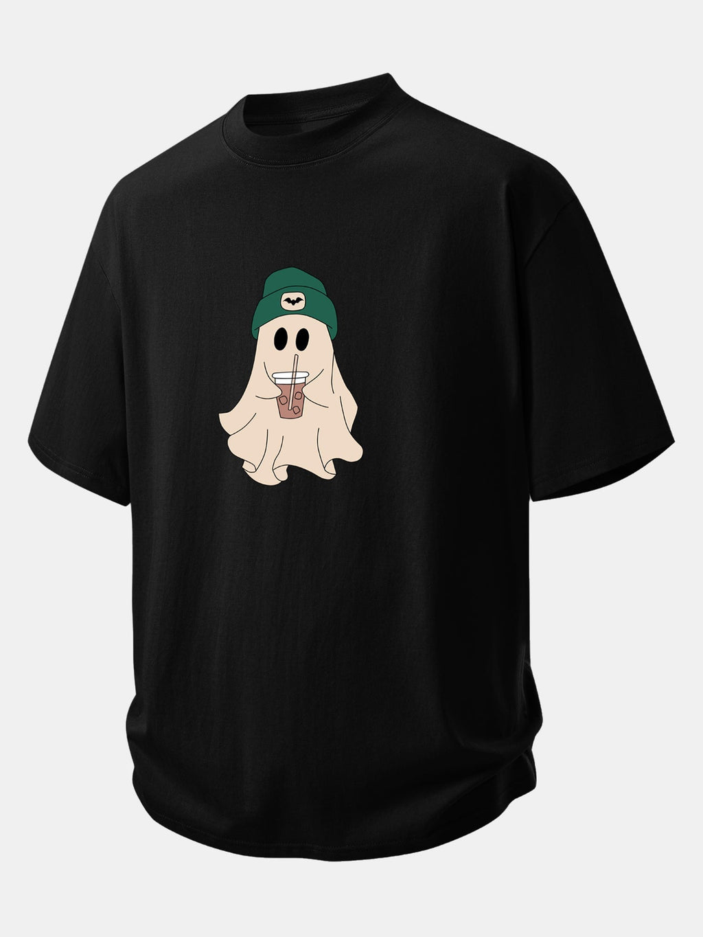 Relaxed Fit Dark Green Ghost Print Cotton T-Shirt & 7" Cotton Drawstring Shorts