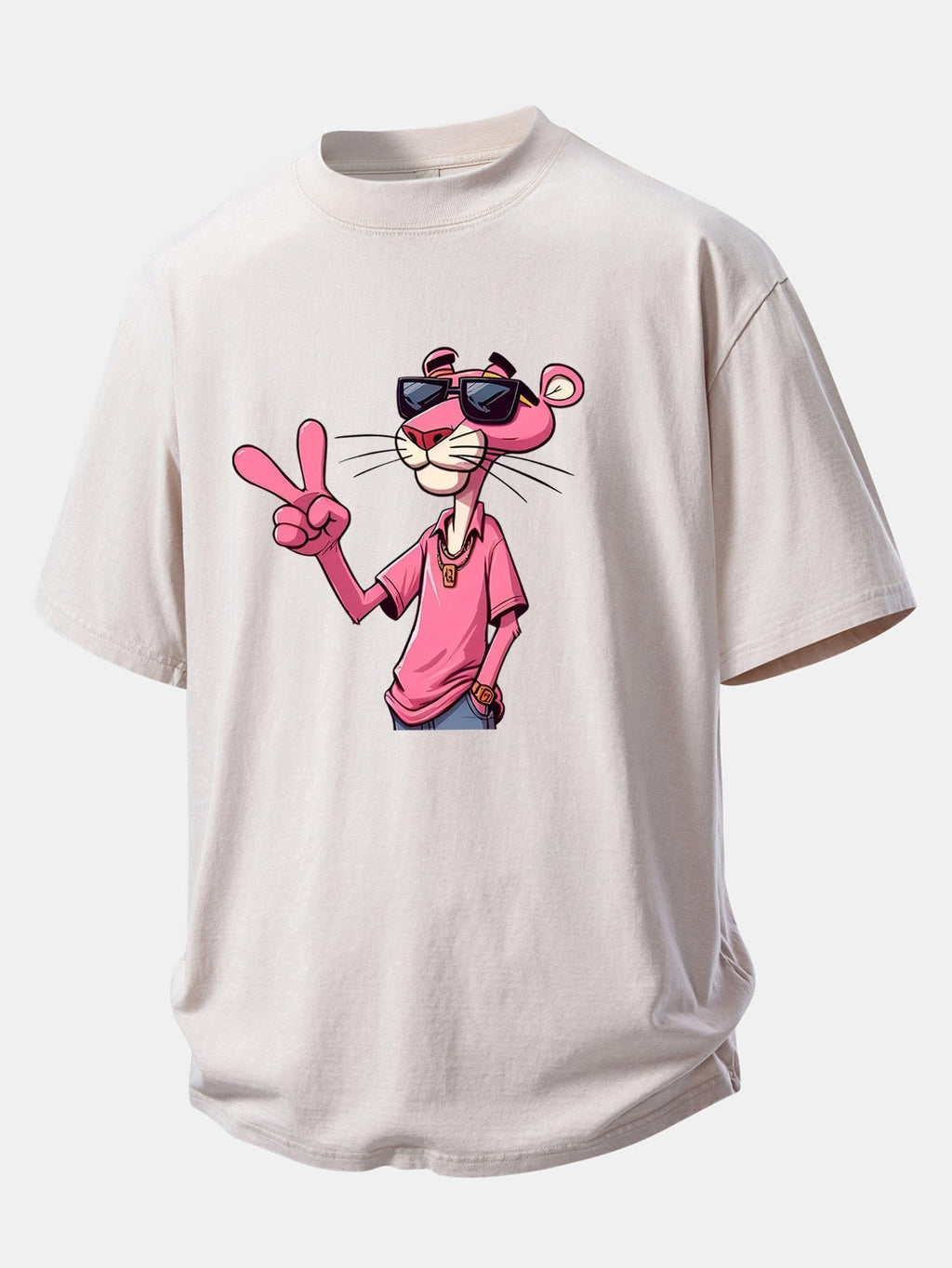 Distressed Drop Shoulder T-Shirt Featuring Pink Panther with V Sign Print