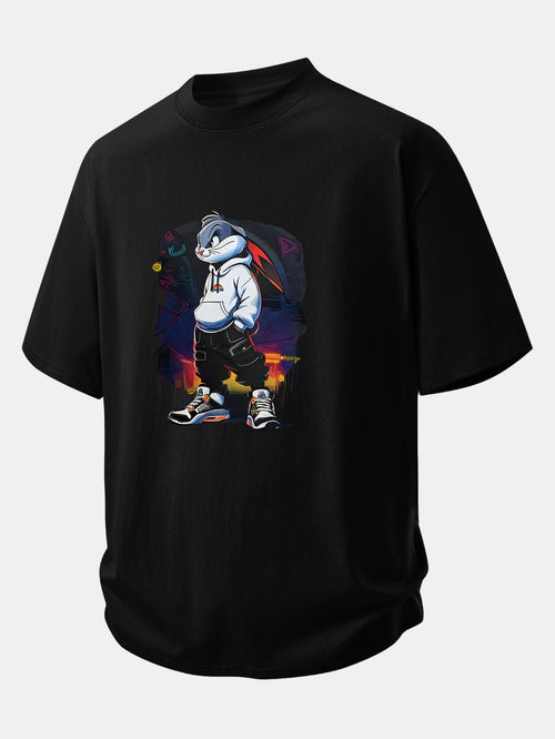 Casual Cartoon Rabbit Graphic Cotton Tee