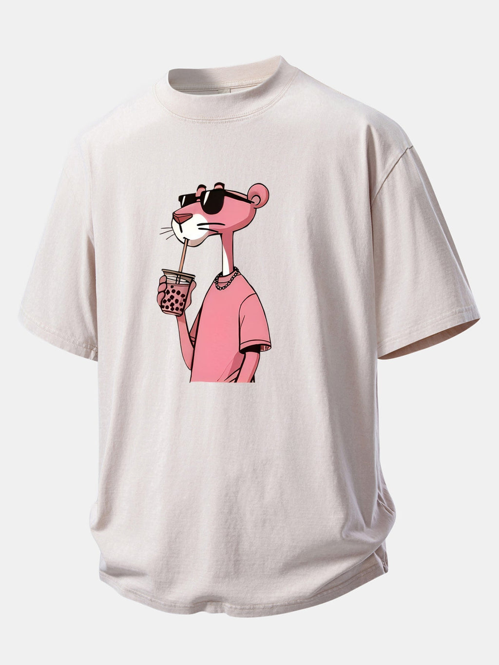 Distressed Drop Shoulder T-Shirt with Pink Panther Print