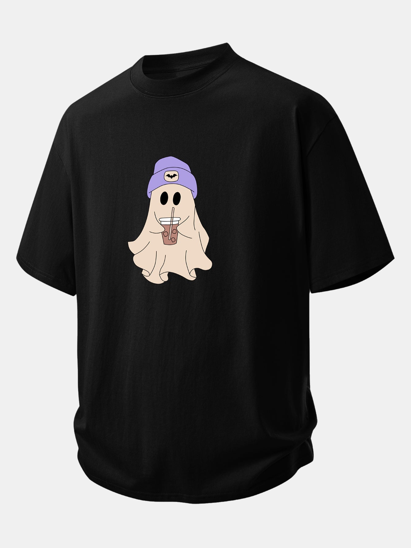 Relaxed Fit Purple Ghost Print Cotton T-Shirt & 7" Cotton Drawstring Shorts