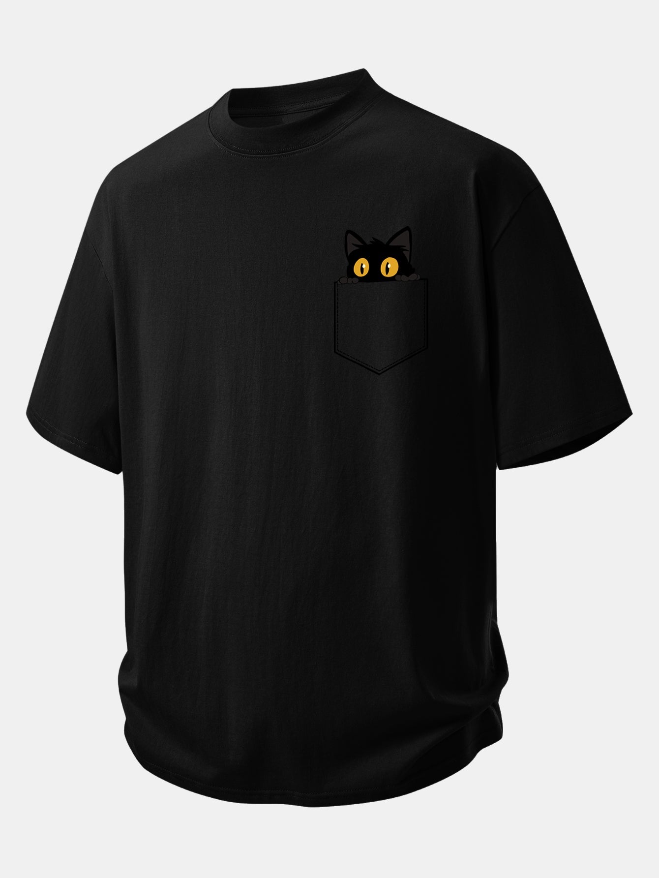 Relaxed Fit Cotton T-Shirt with Black Cat Print and Pockets