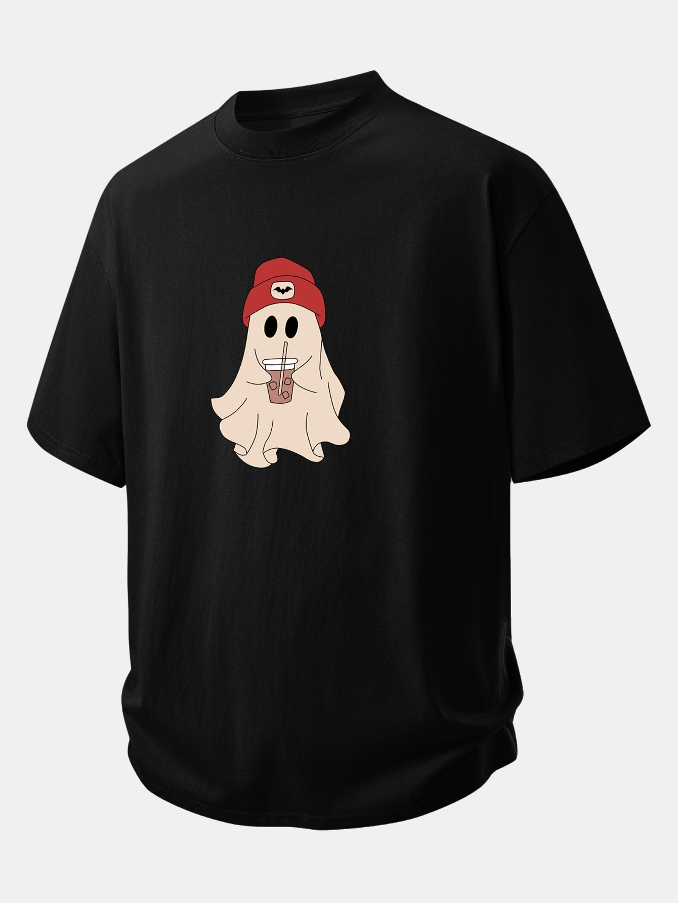 Relaxed Fit Red Ghost Print Cotton T-Shirt with 7" Cotton Drawstring Shorts
